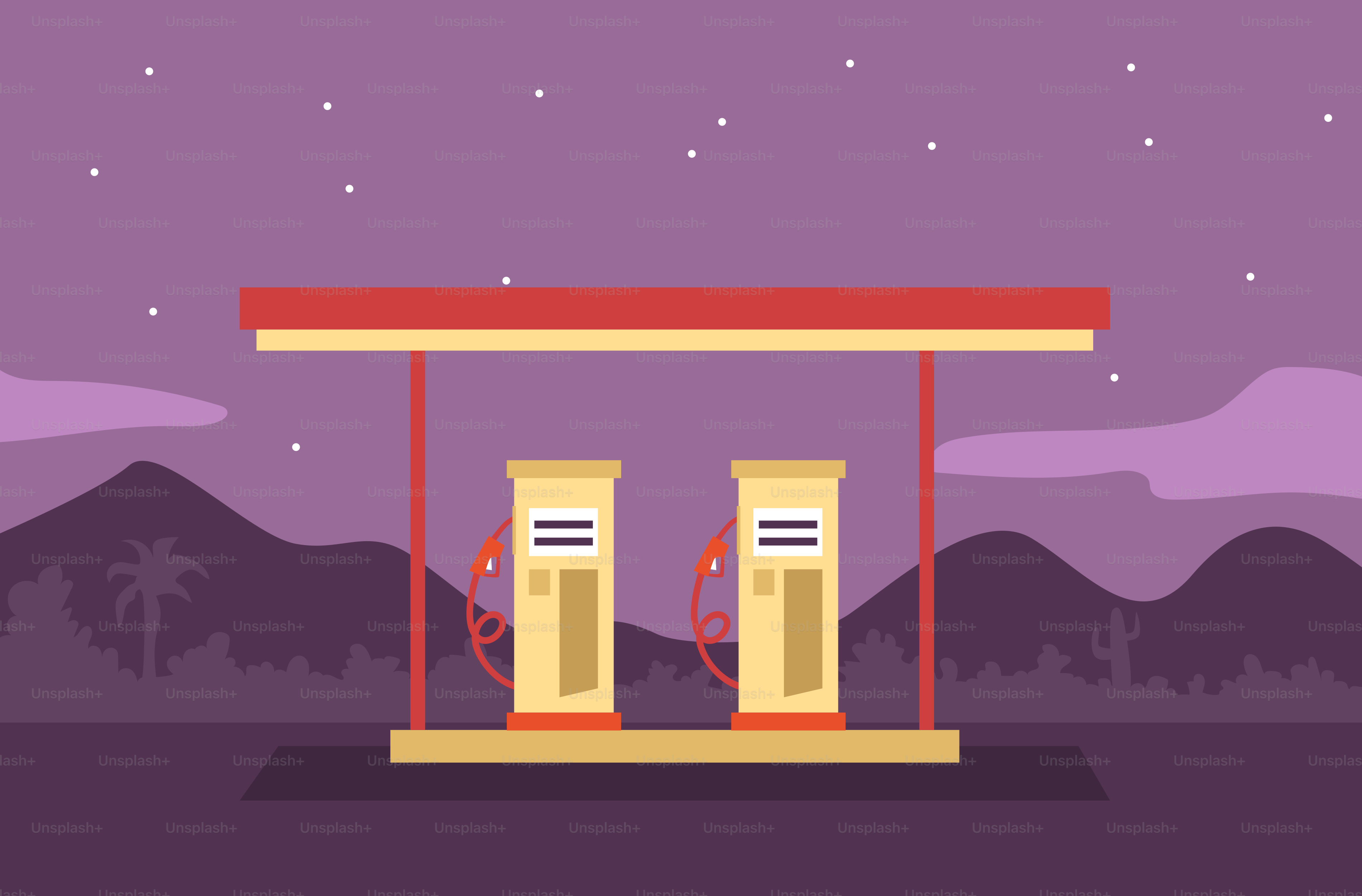 Station-service au crépuscule avec des montagnes en arrière-plan