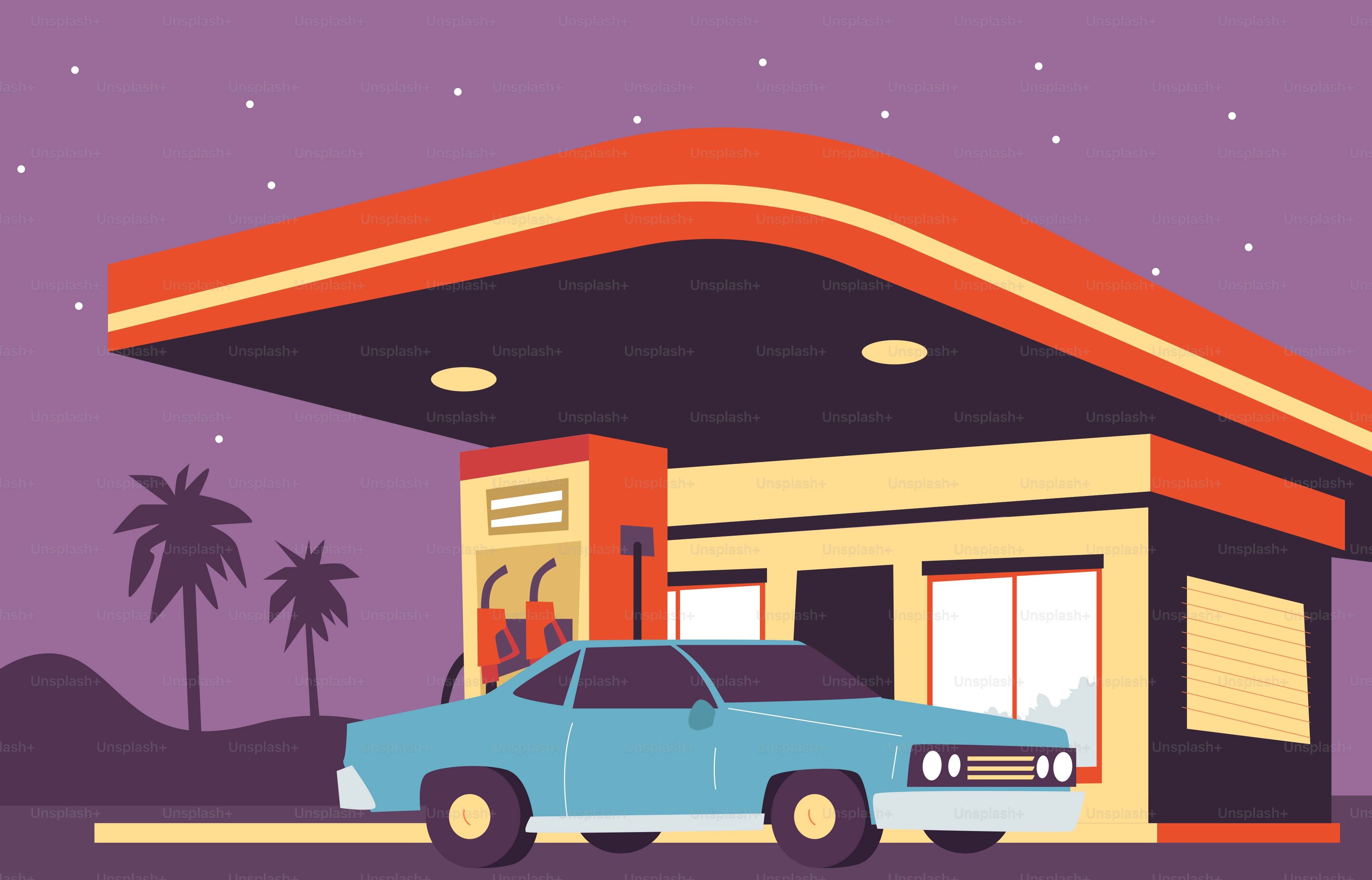 Vintage car at a retro gas station at night.