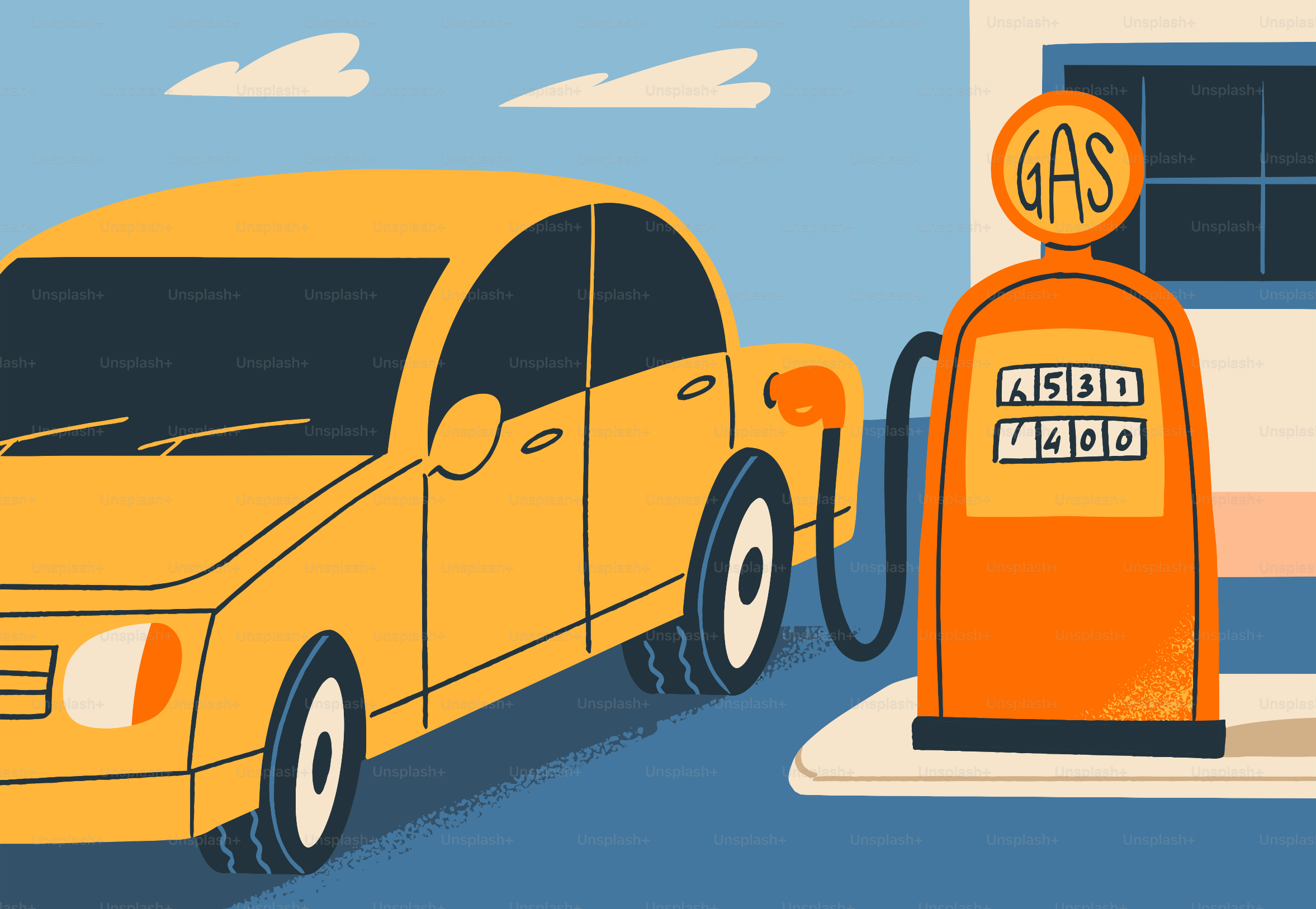 Yellow car fueling at a vintage gas pump.