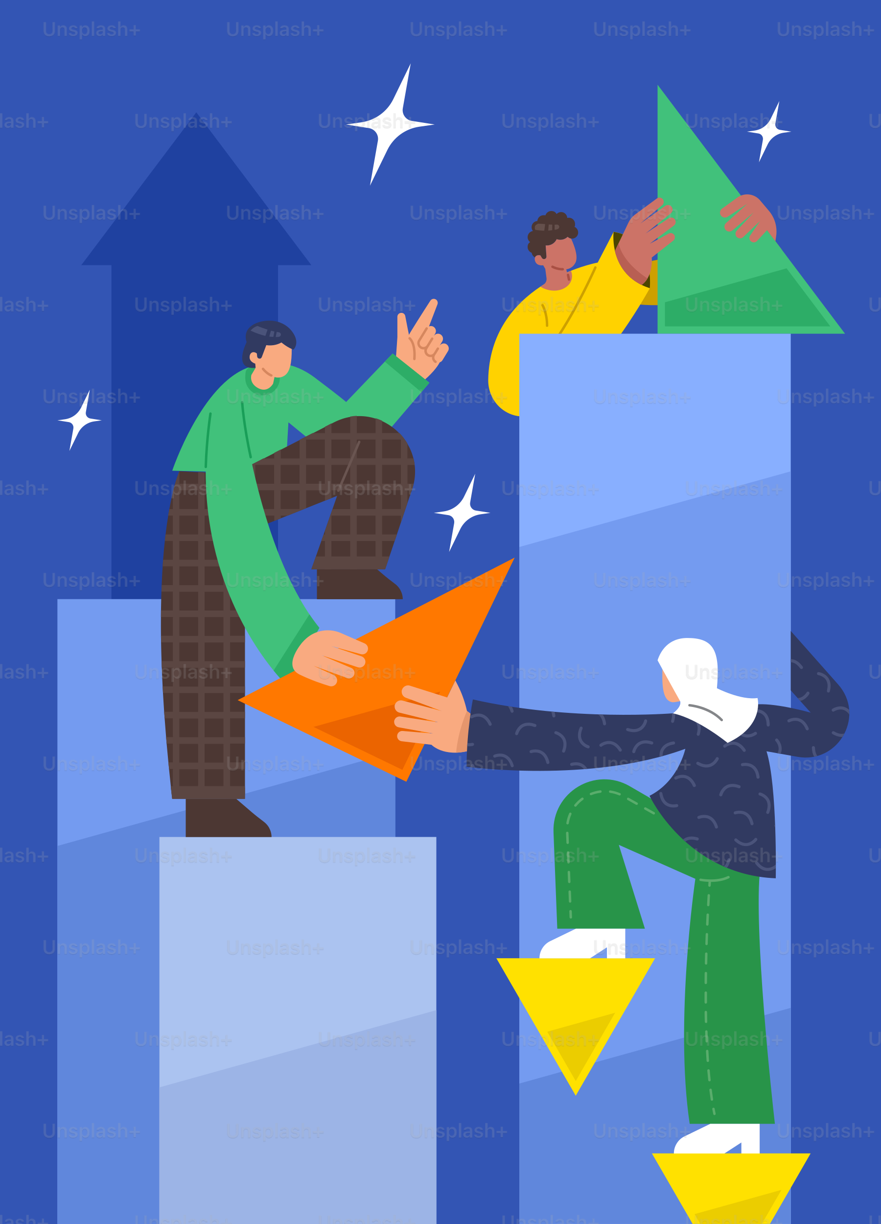 People building upward with colorful geometric shapes. vector ...