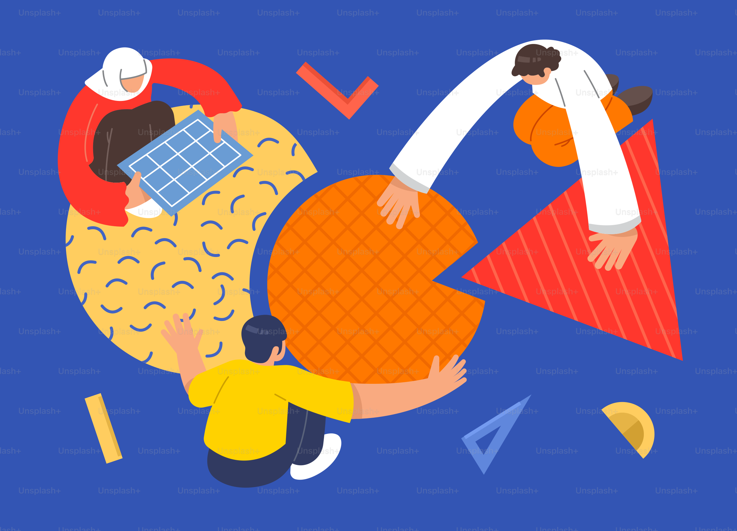 People assembling abstract geometric shapes together