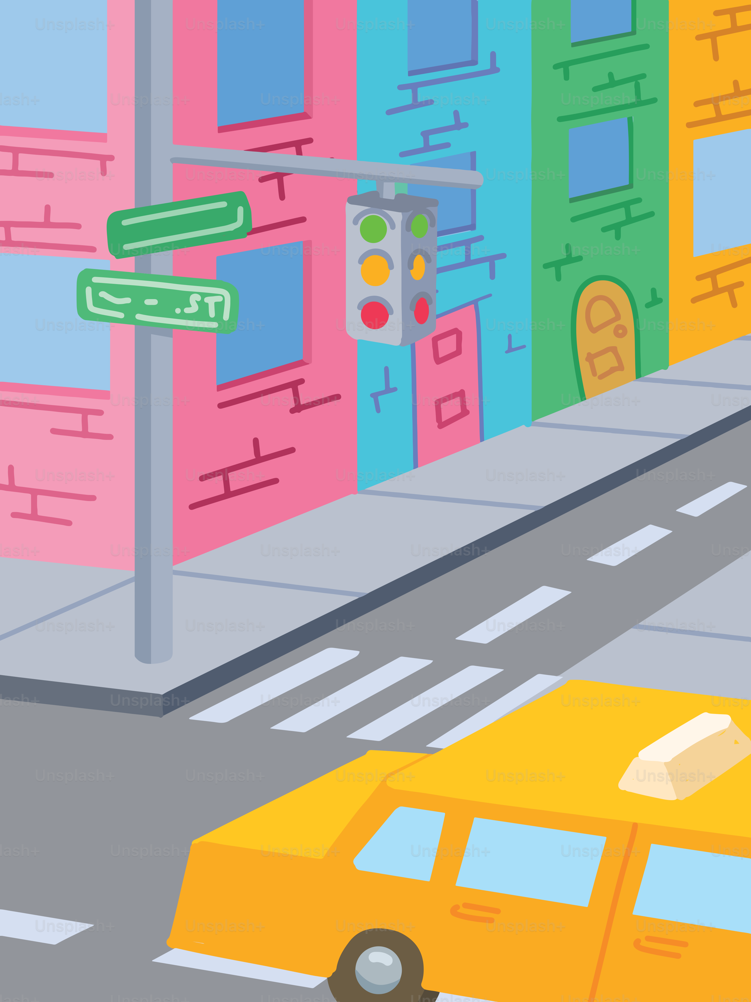 Yellow taxi drives down a colorful city street.
