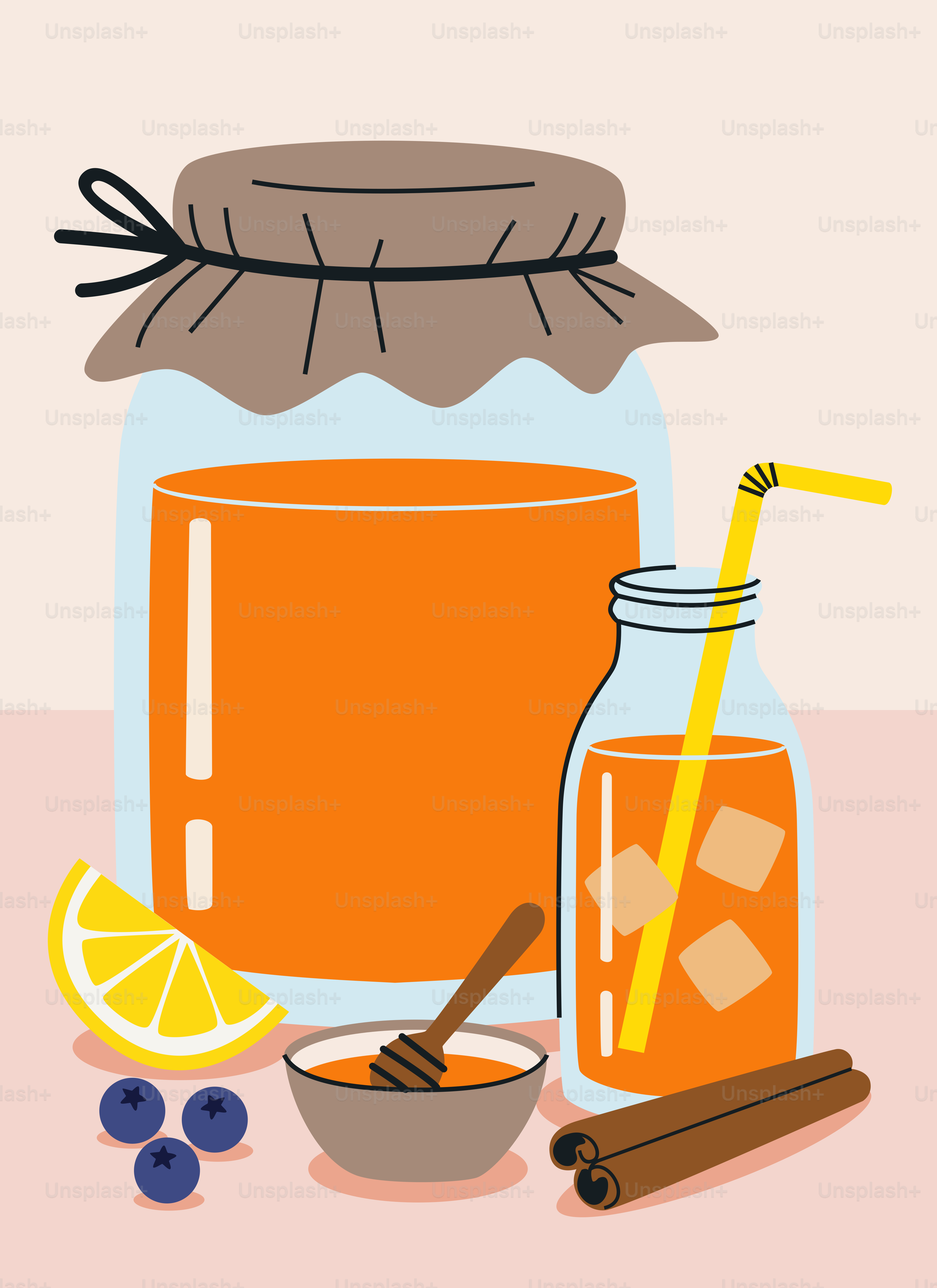 Jar of honey, drink, lemon, blueberries, and cinnamon sticks.
