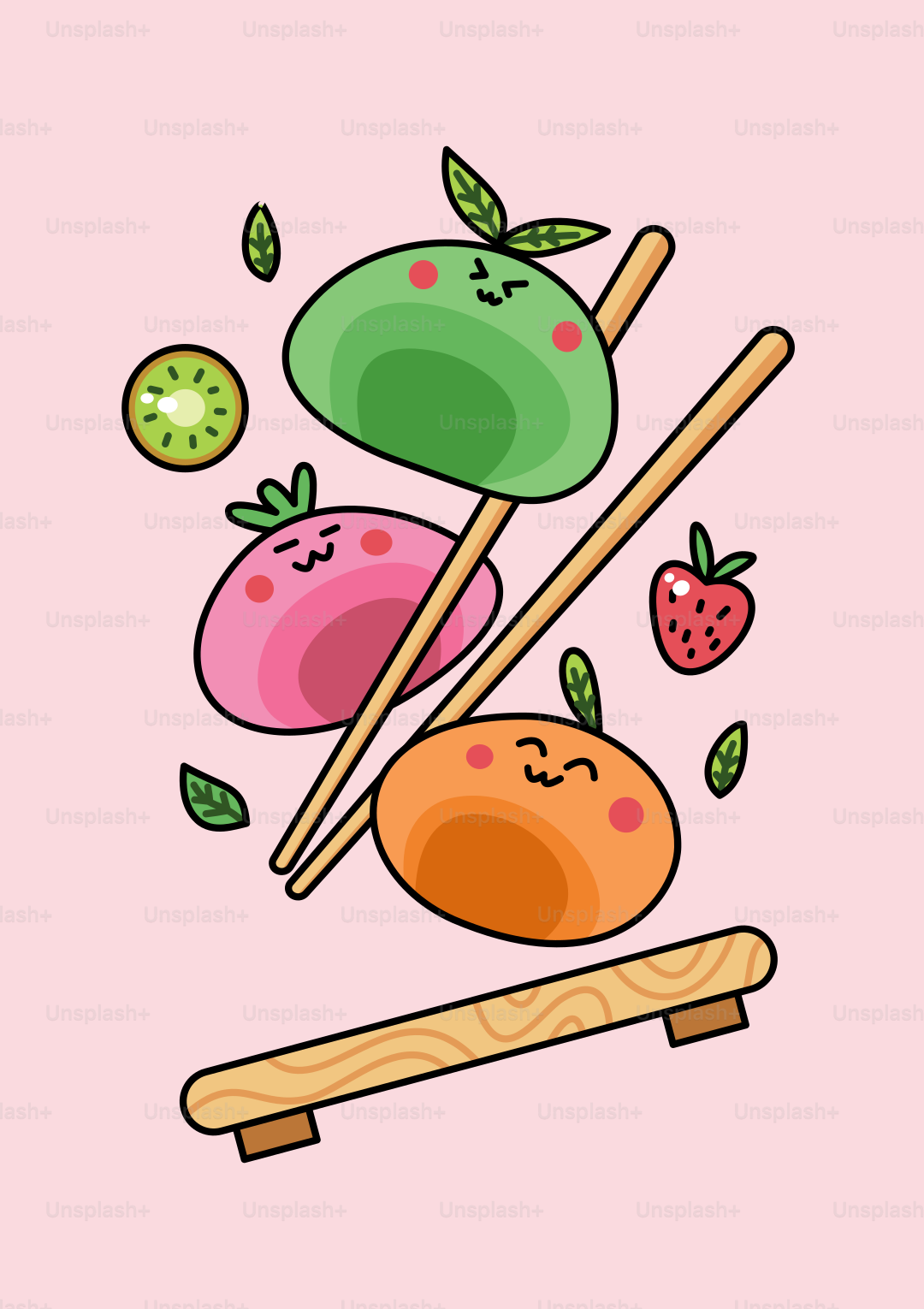 Three mochi with fruit flavors on chopsticks