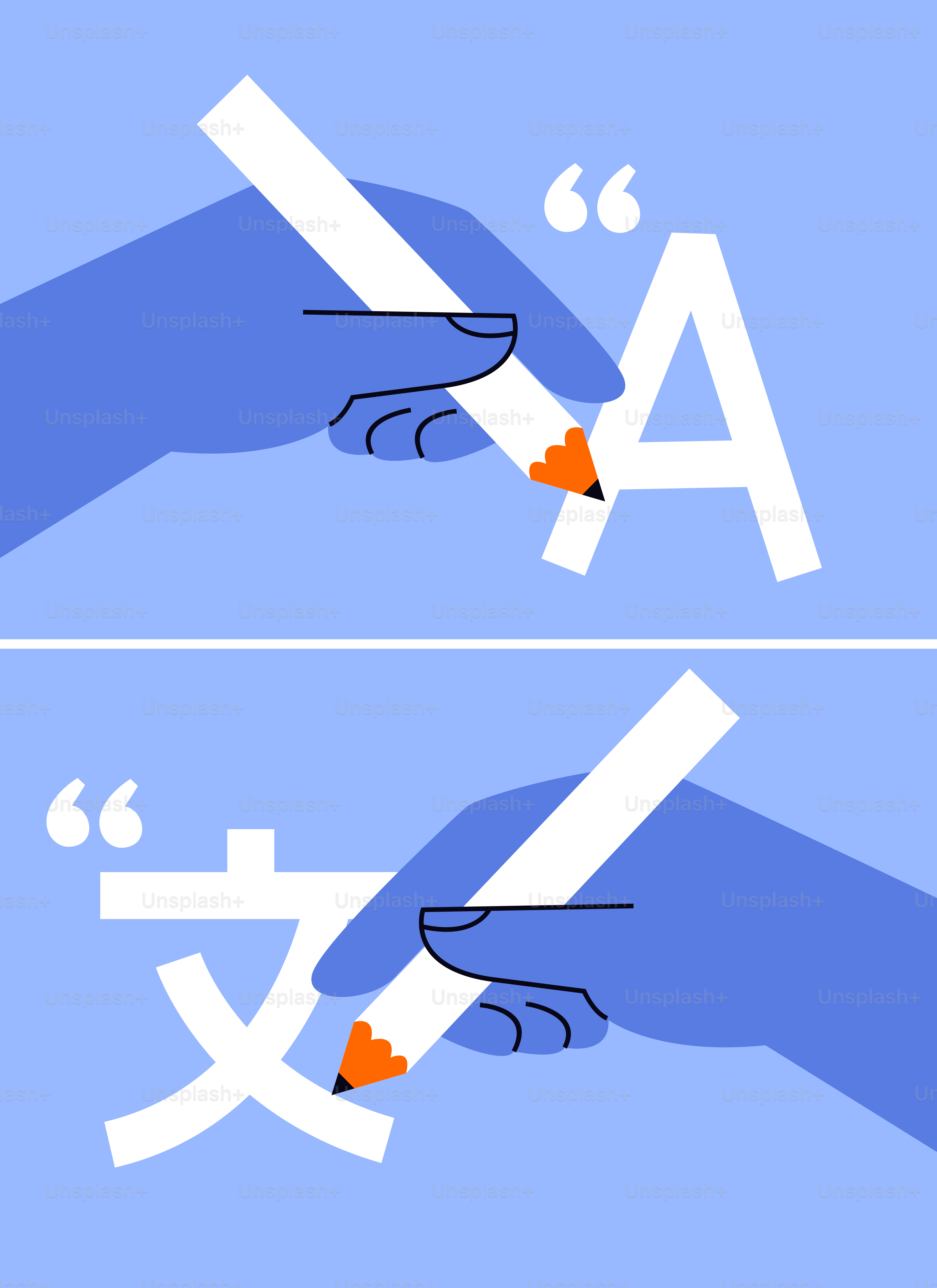 Hands writing letters and characters with pencils.