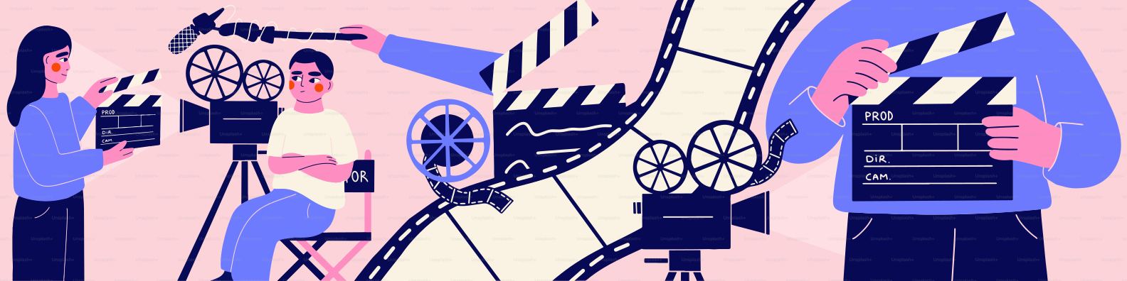 Filmmaking scene with cameras, clapperboards, and film reel.