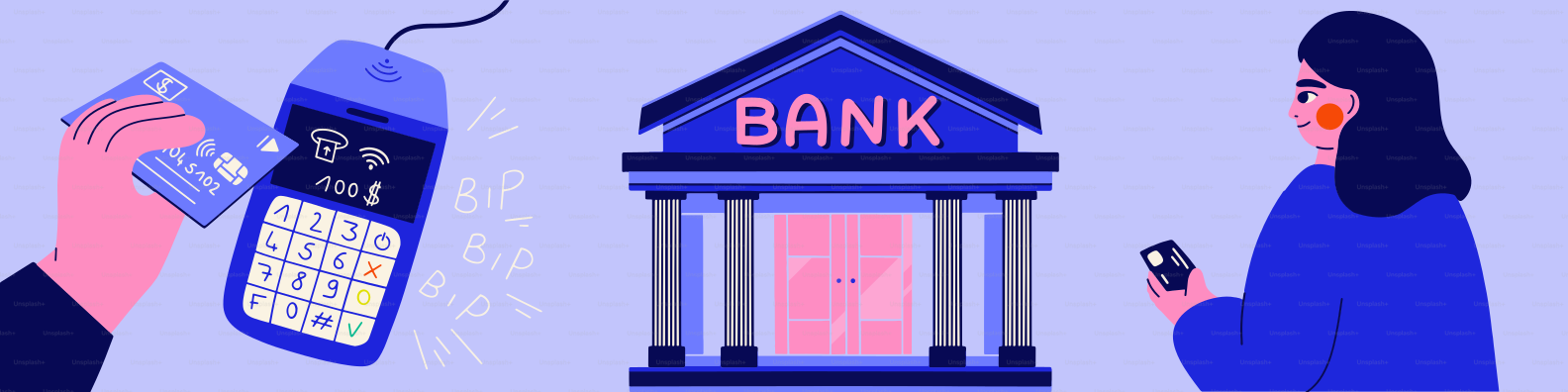 Woman uses phone near bank and credit card machine.