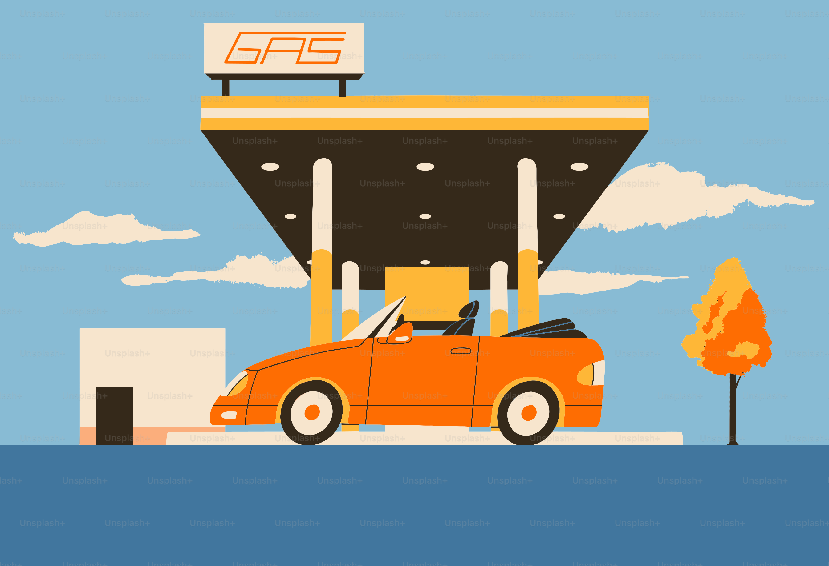Orange convertible at a gas station
