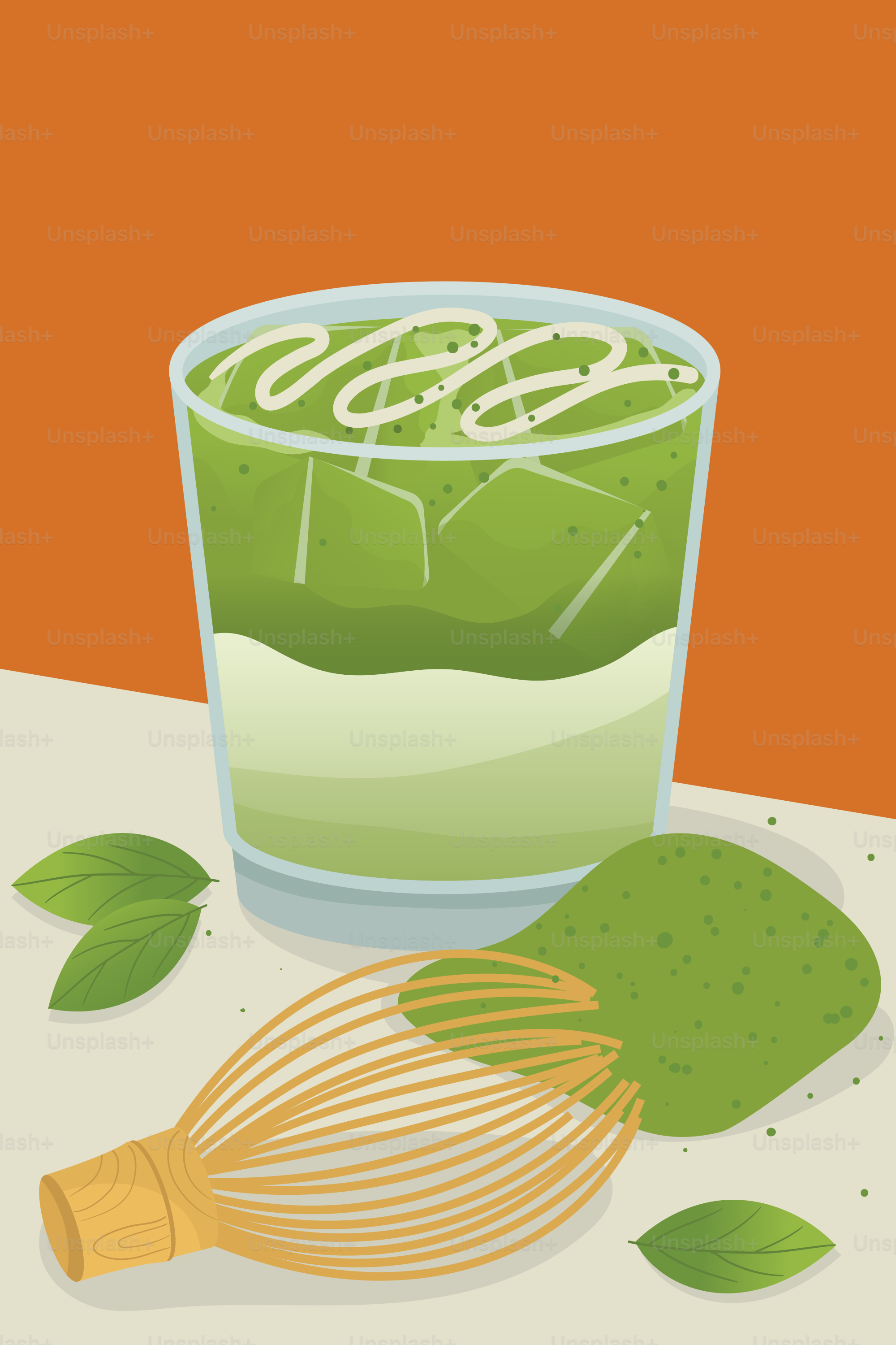 Iced matcha latte with whisk and powder