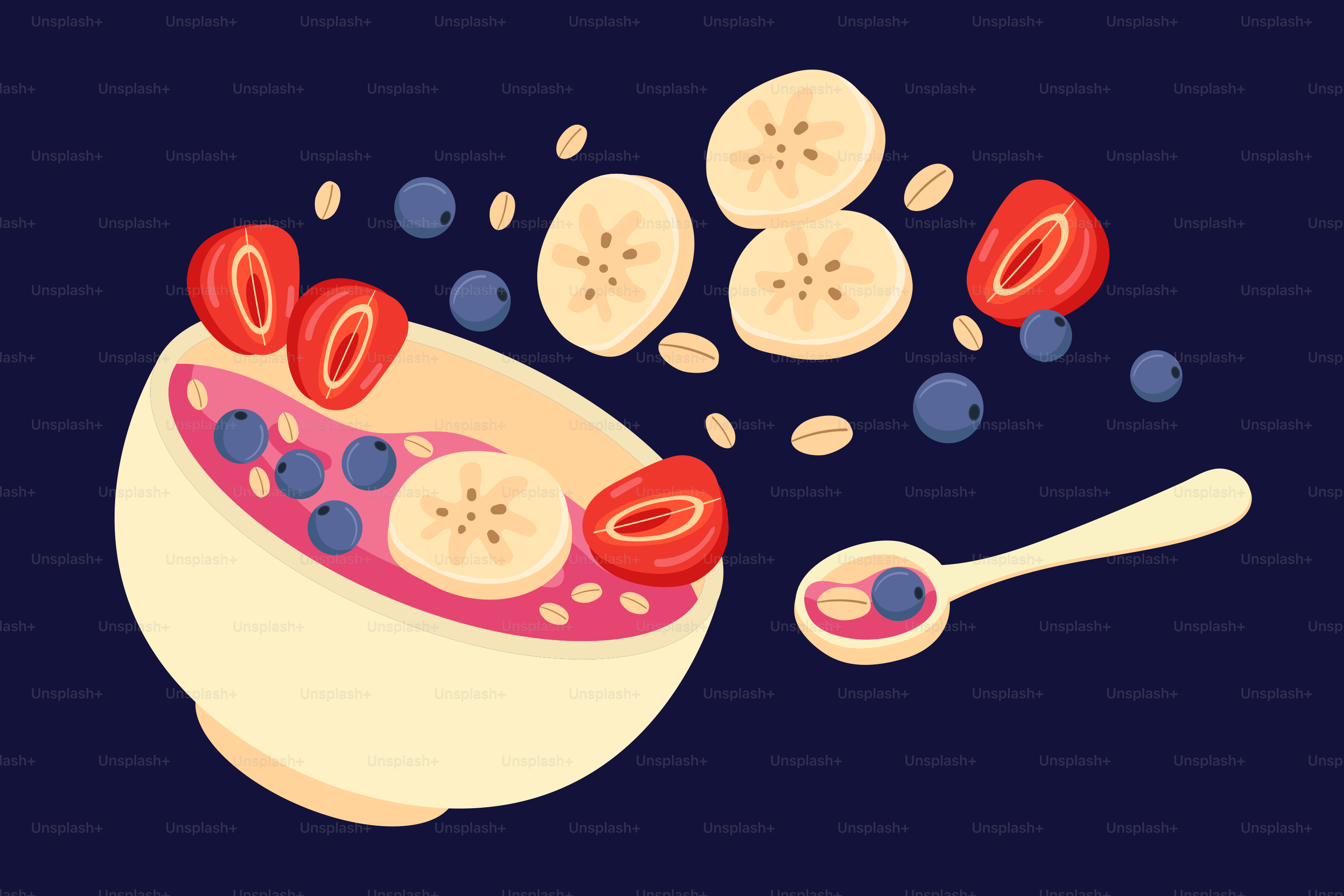 Bowl of fruit with berries and banana slices.