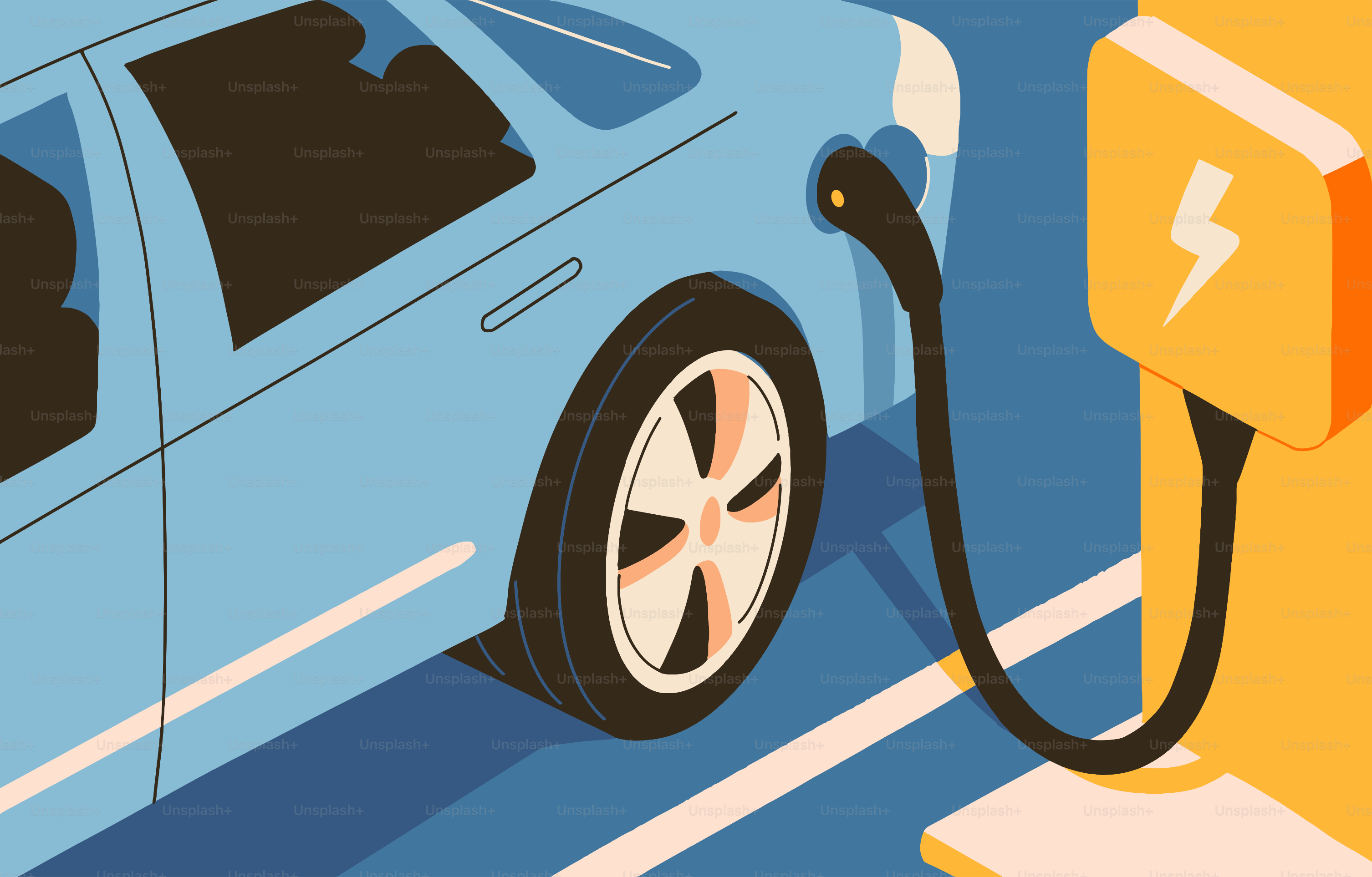 Blue electric car charging at a station.