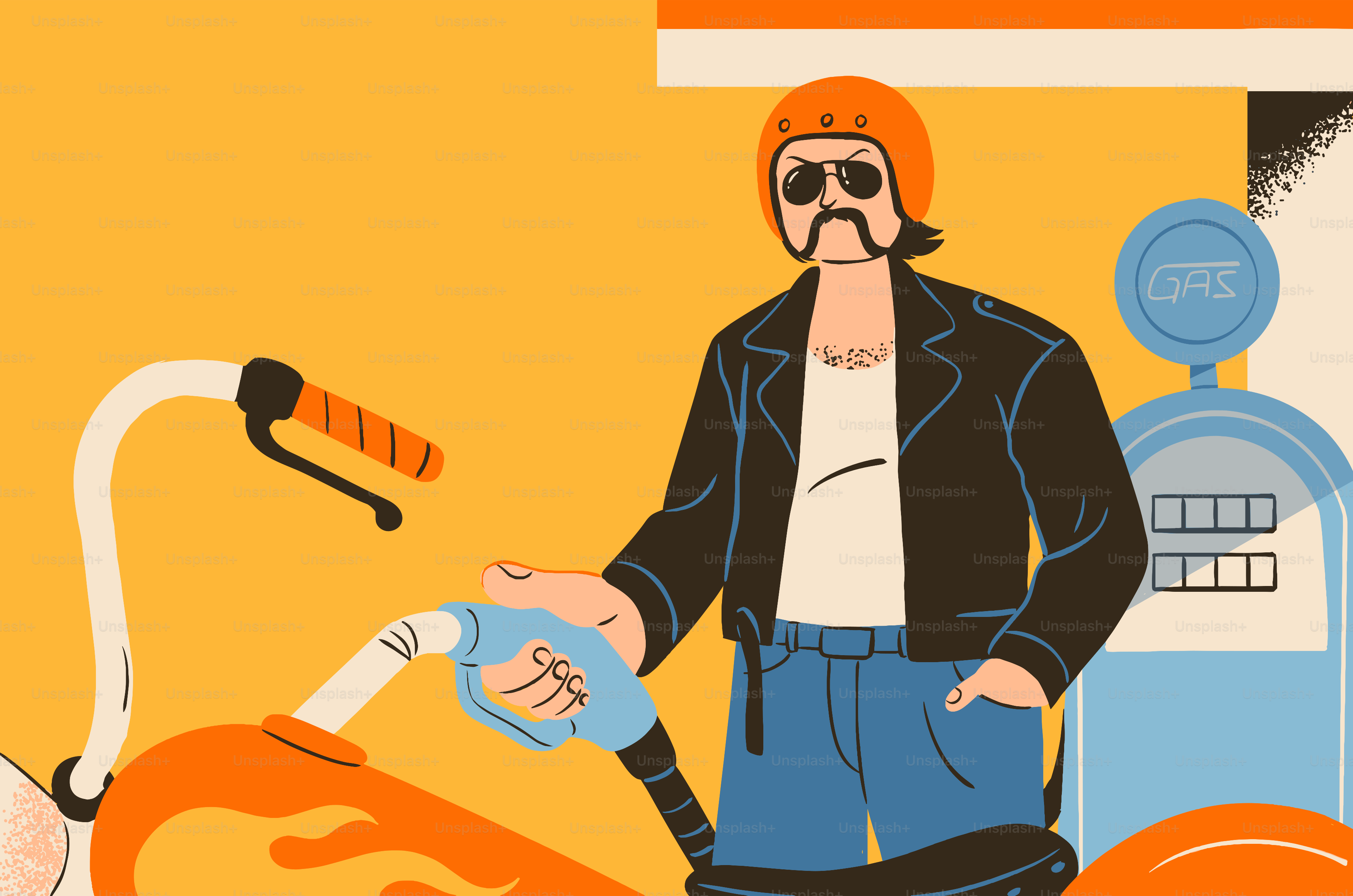 Man in helmet fueling a motorcycle at a gas station.