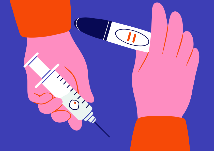 Hands holding pregnancy test and syringe