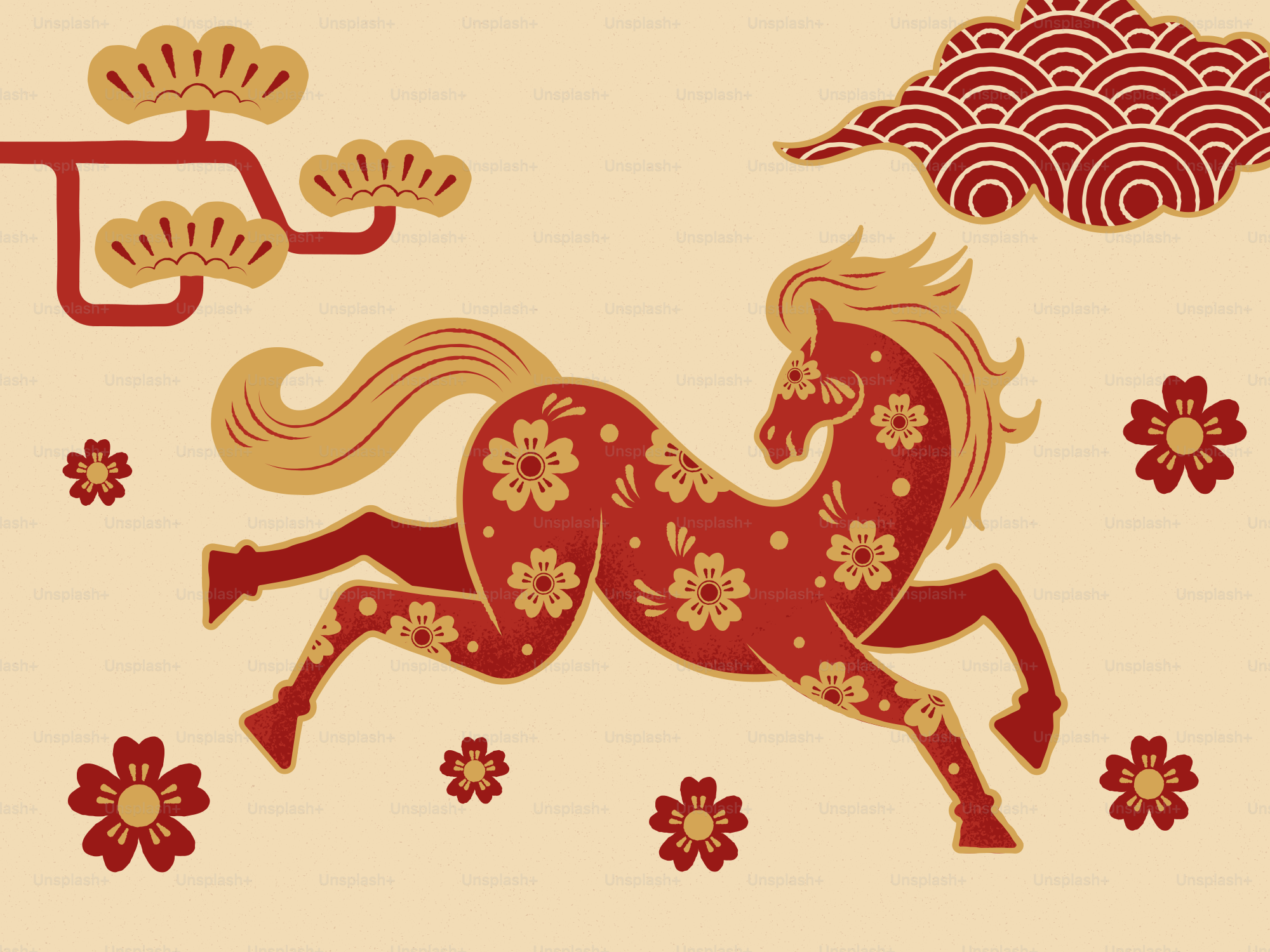 A red horse with floral patterns and clouds.