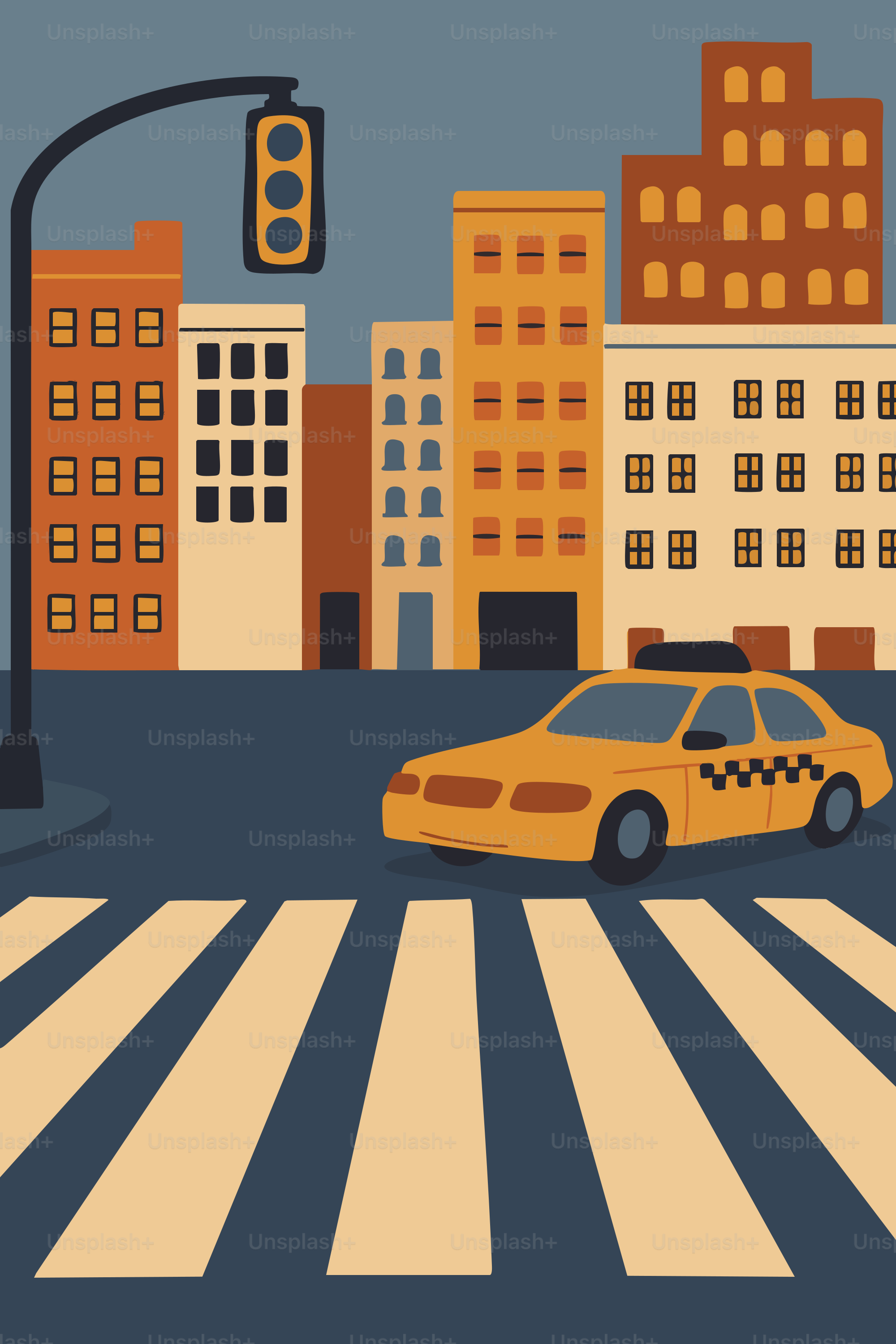 Yellow taxi drives across a city street crosswalk.