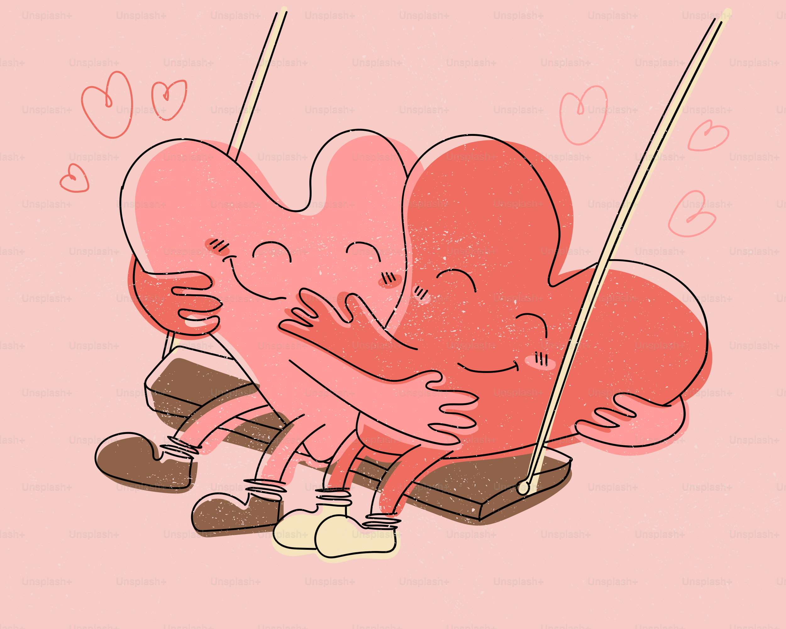 Two hearts hugging on a swing