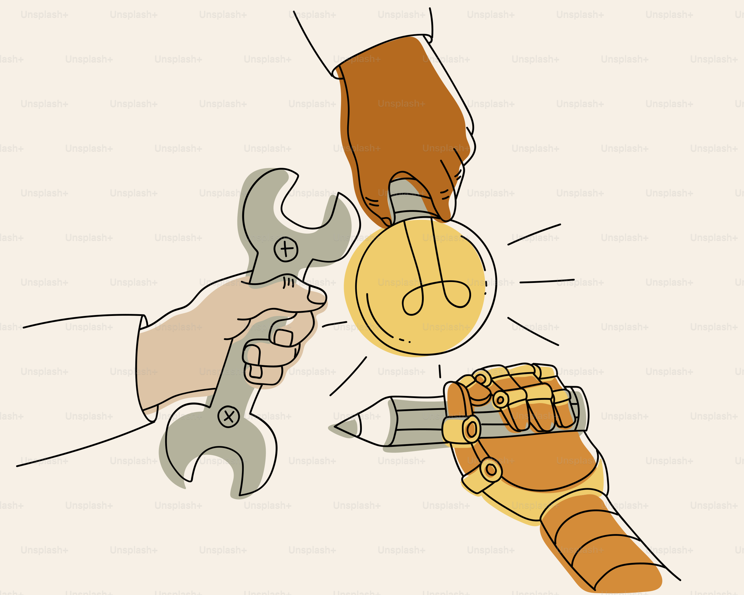 Hände und Roboter arbeiten gemeinsam an Ideen und Werkzeugen.