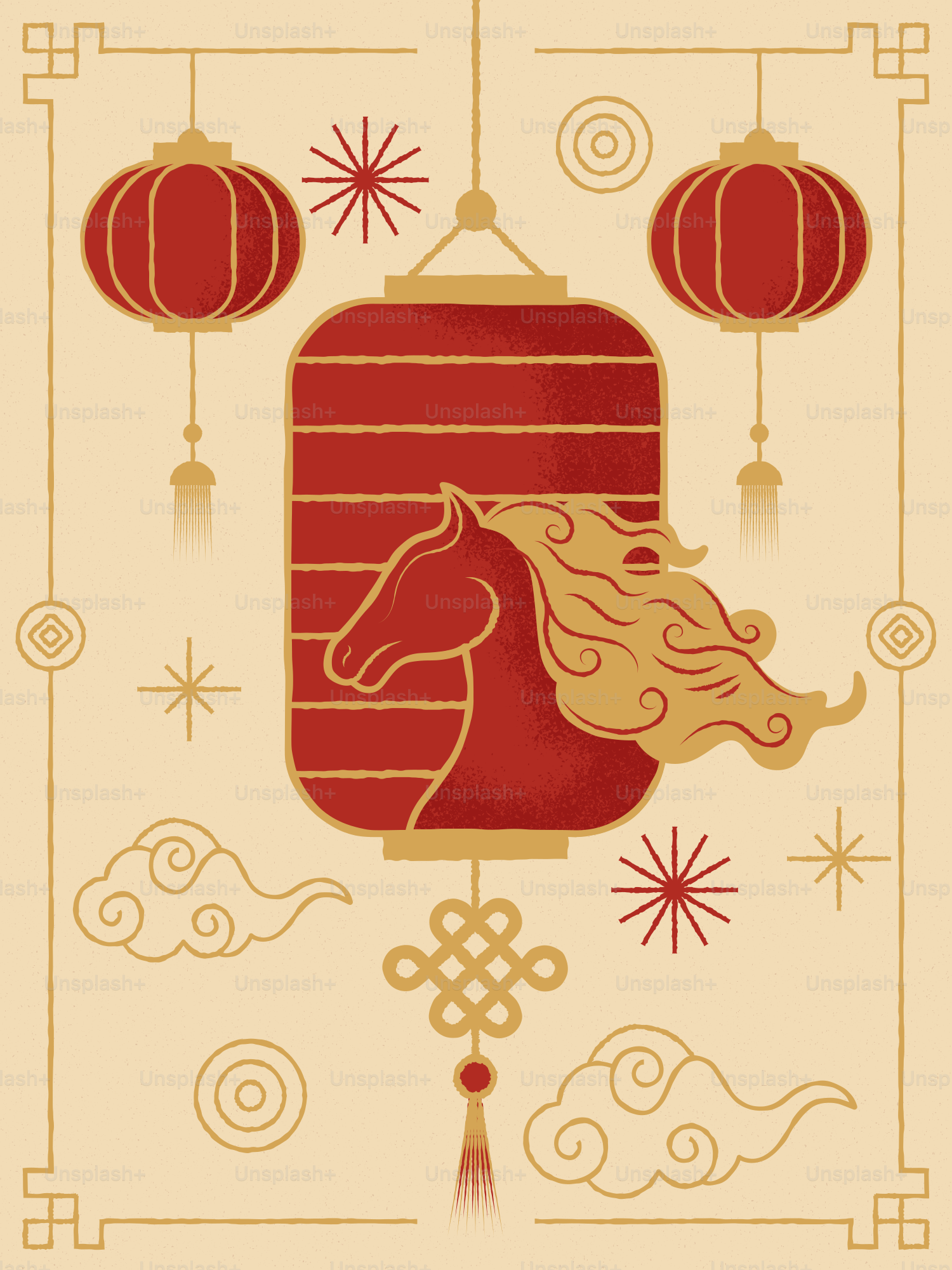 Red lantern with horse motif and festive decorations