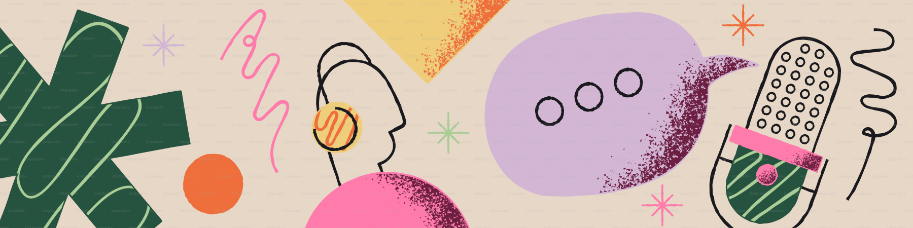 Person with headphones near microphone and speech bubble.