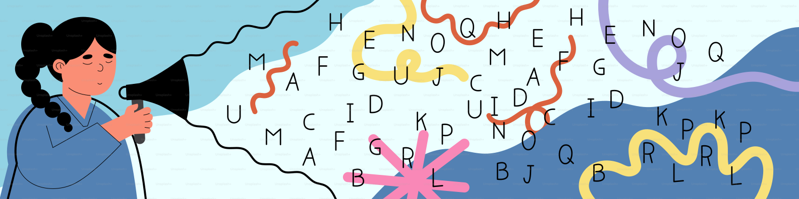 Woman speaking into a megaphone with letters flying out