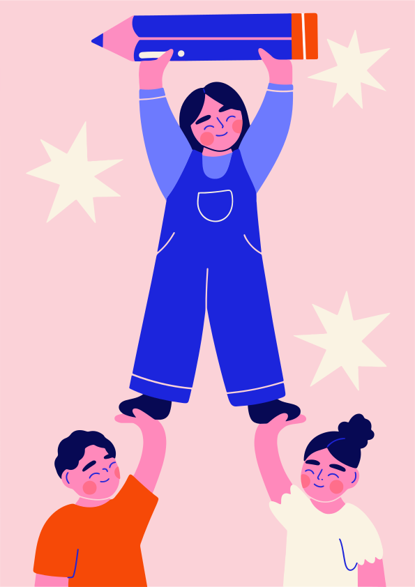 Children holding up a giant pencil