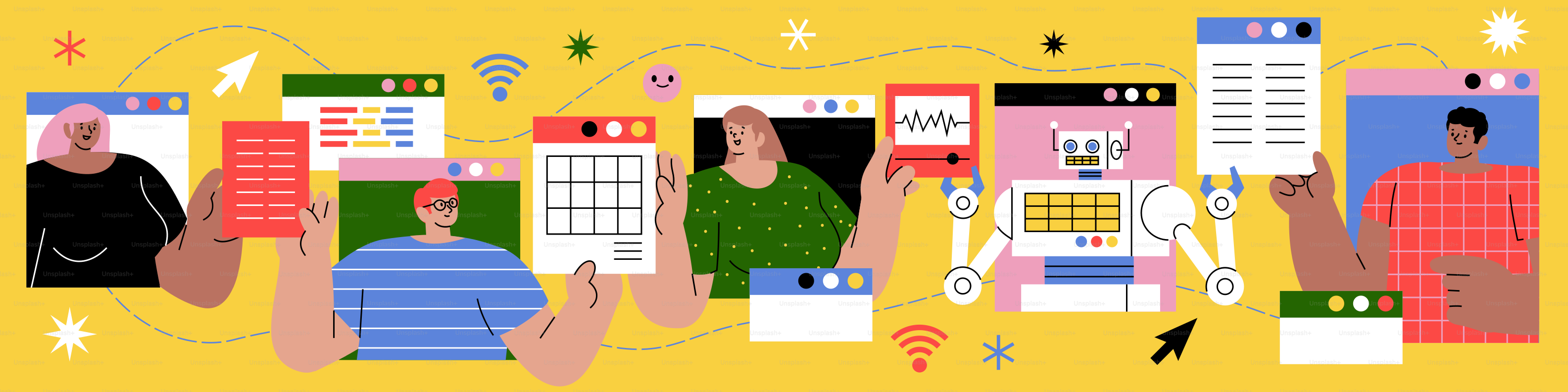 Menschen, die mit digitalen Schnittstellen und einem Roboter interagieren.