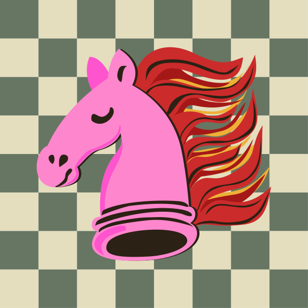 A pink knight chess piece on a chessboard