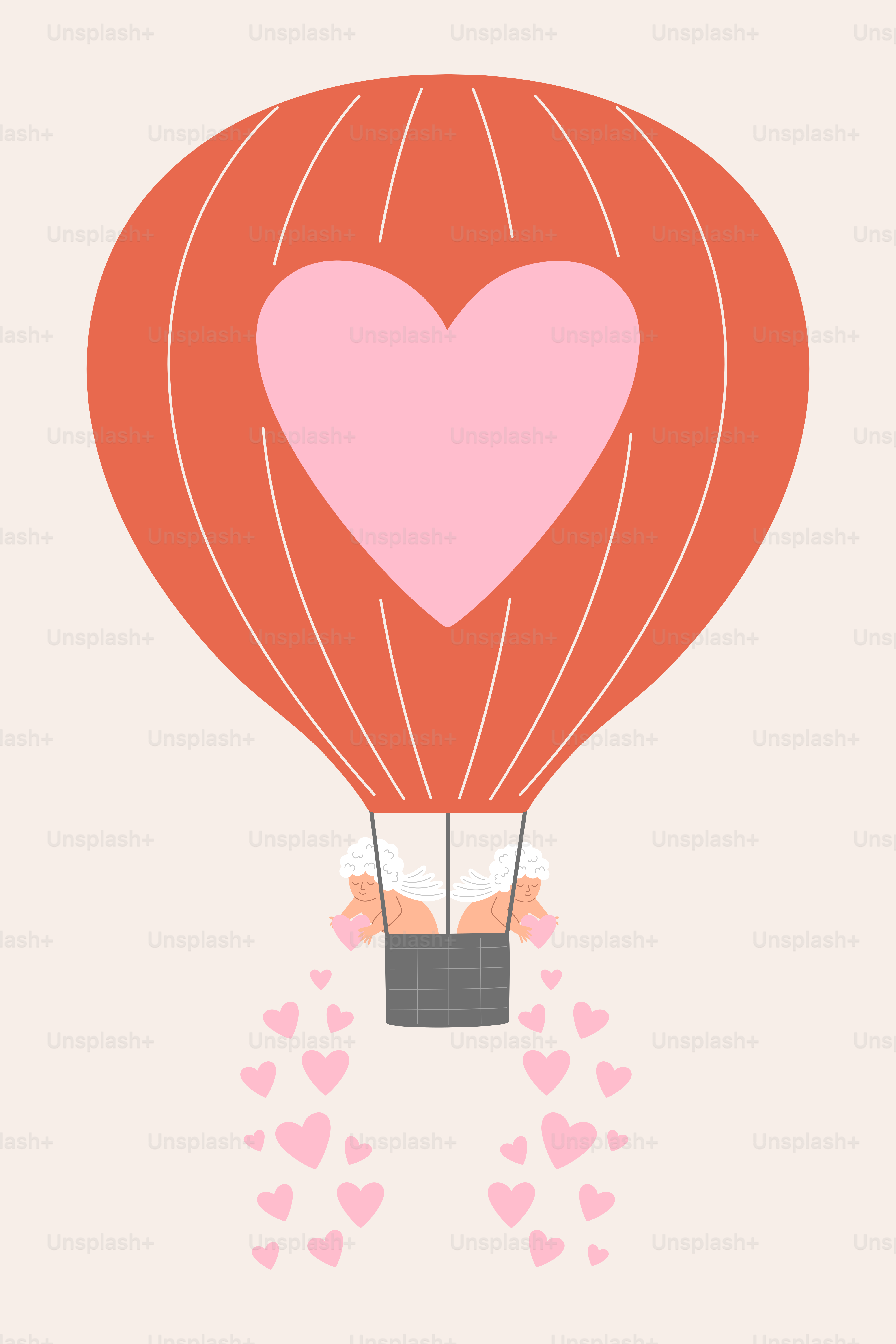Couple in hot air balloon with hearts
