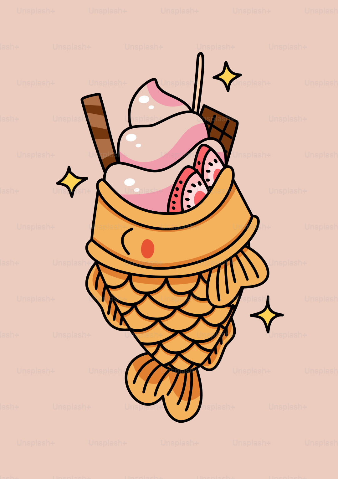 Taiyaki garni de glace à la fraise et de garnitures