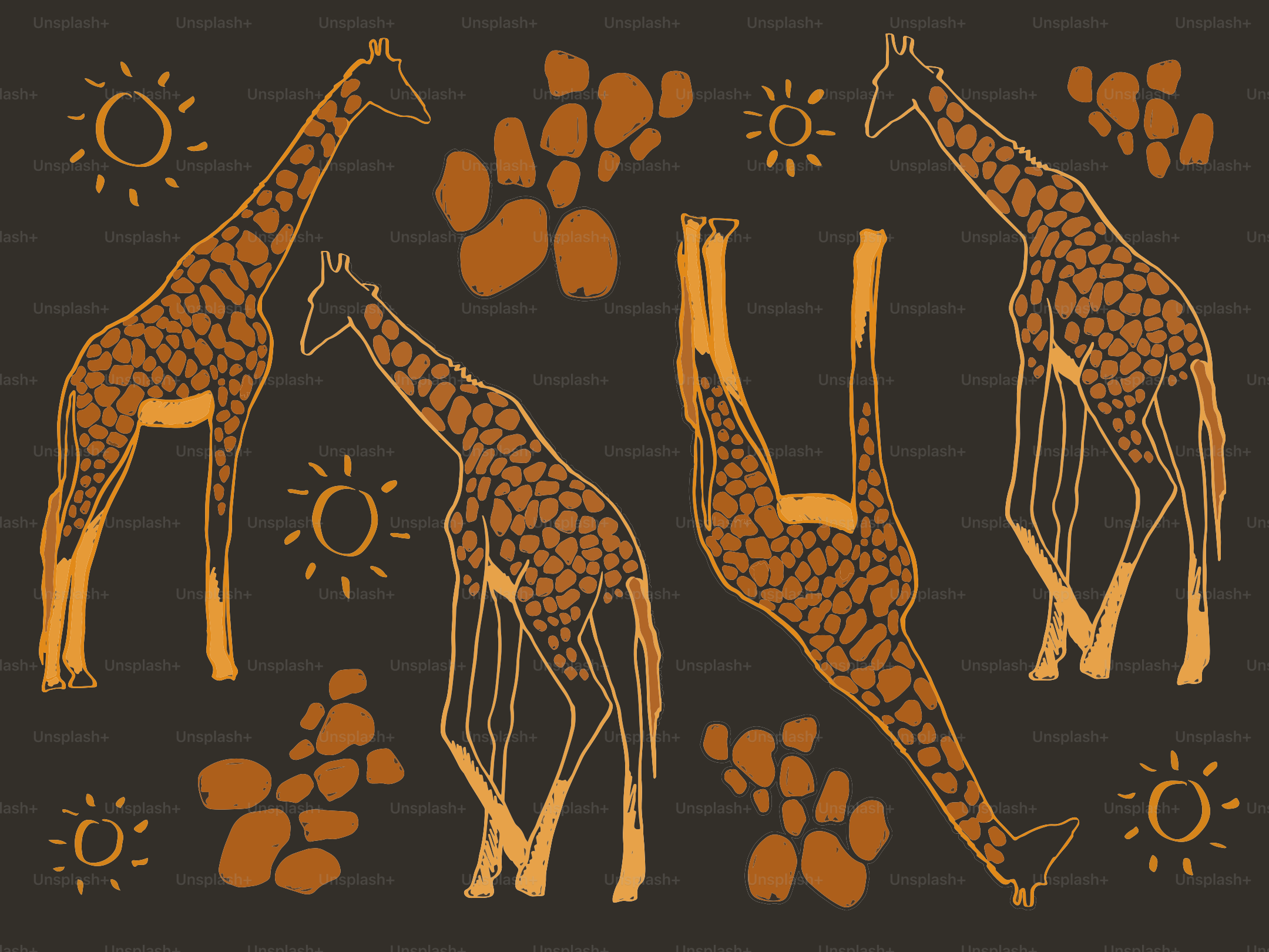 Cuatro jirafas con soles y rocas