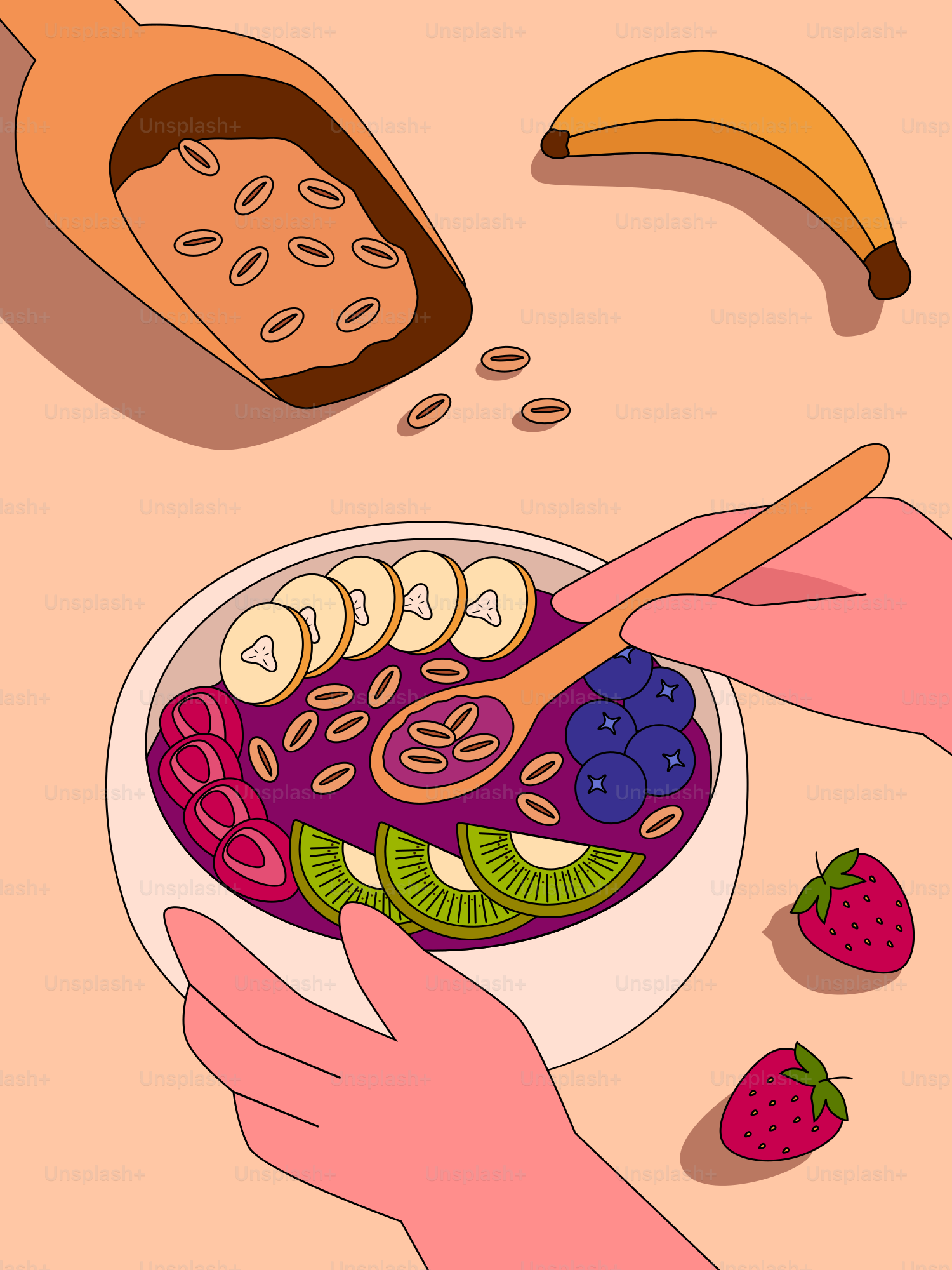 Hands preparing a colorful fruit and granola bowl