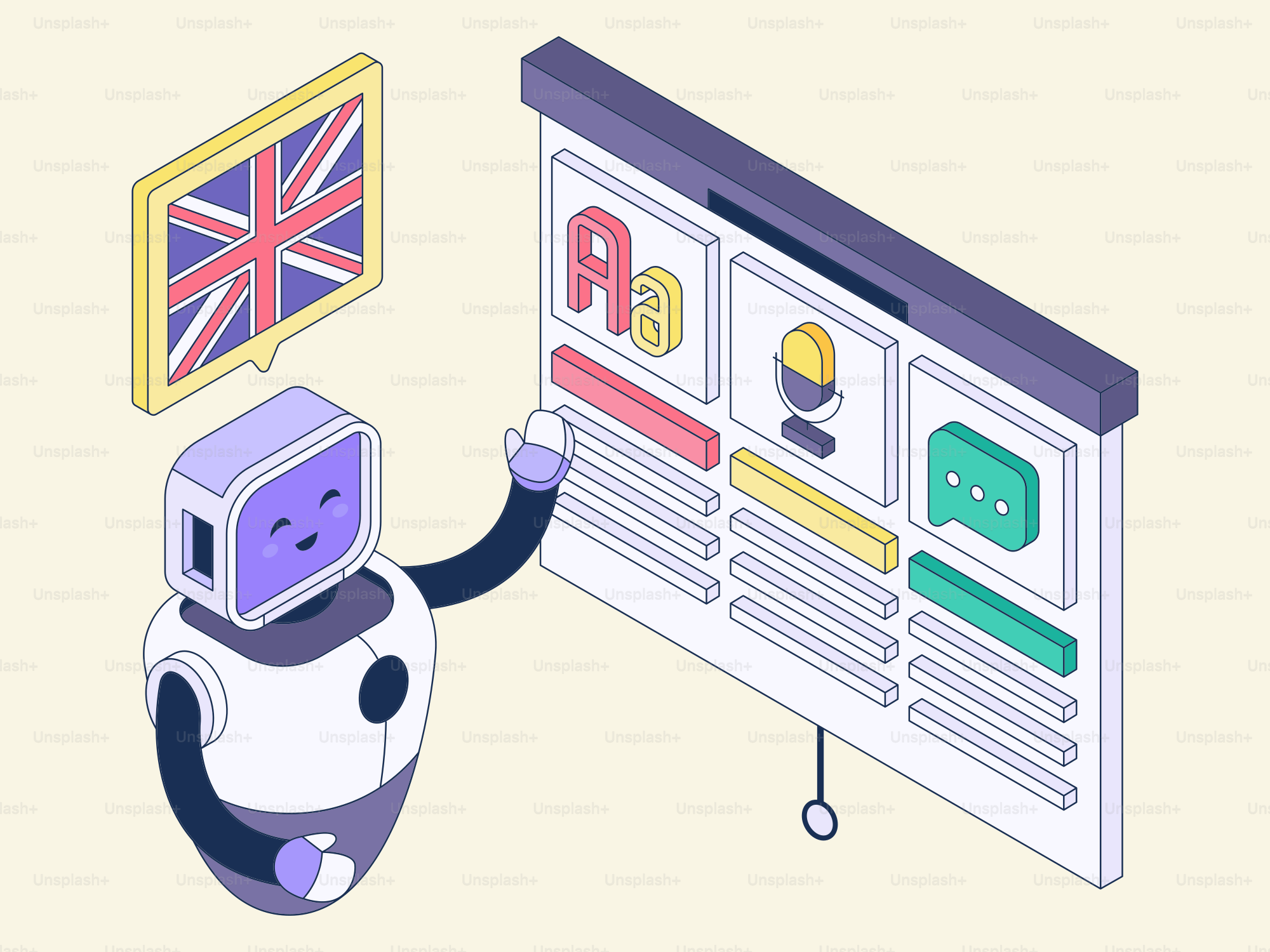 Robot learning english on a digital screen.