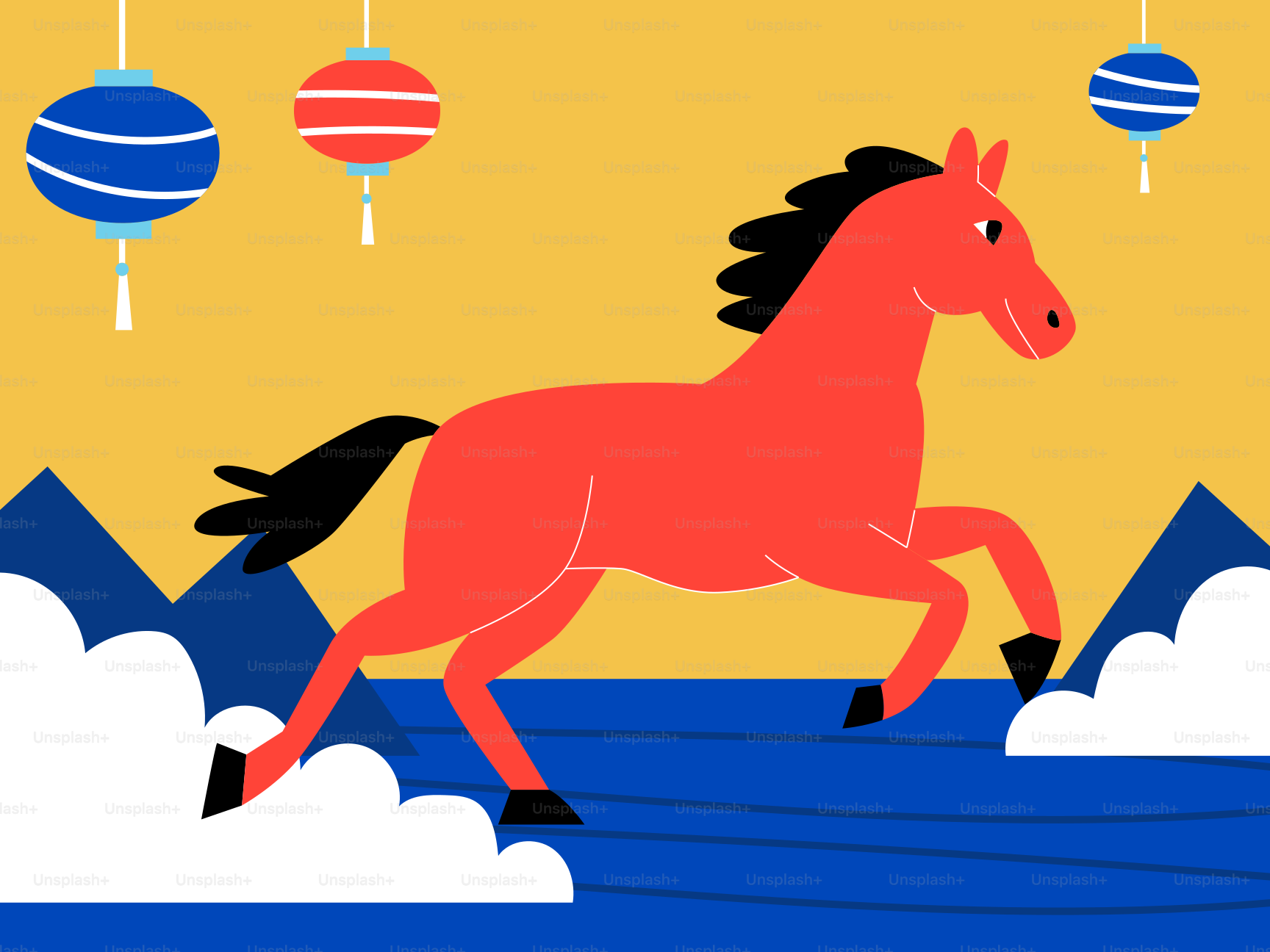 A red horse runs under lanterns and blue lanterns