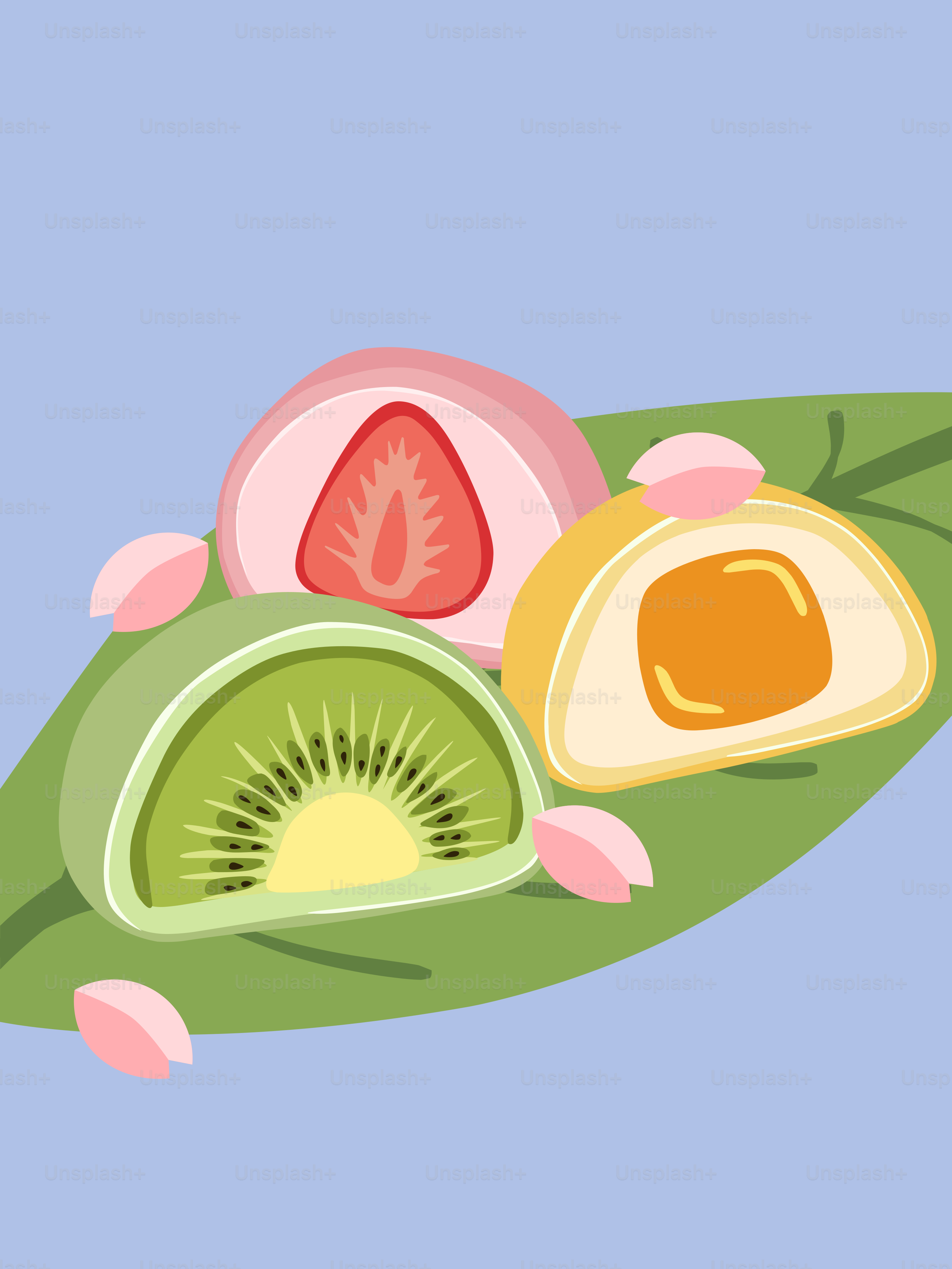 Tres postres de mochi con relleno de fruta.