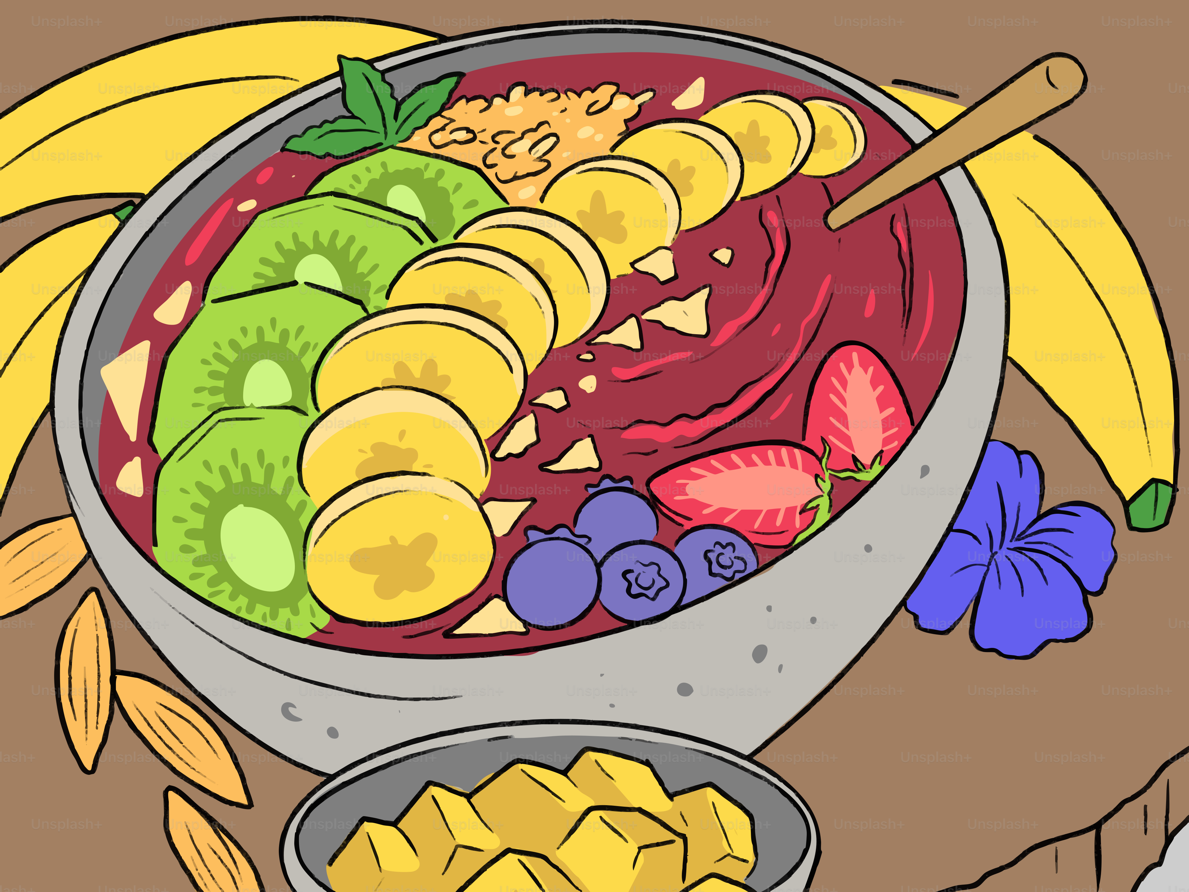 A colorful bowl of acai with fruit toppings