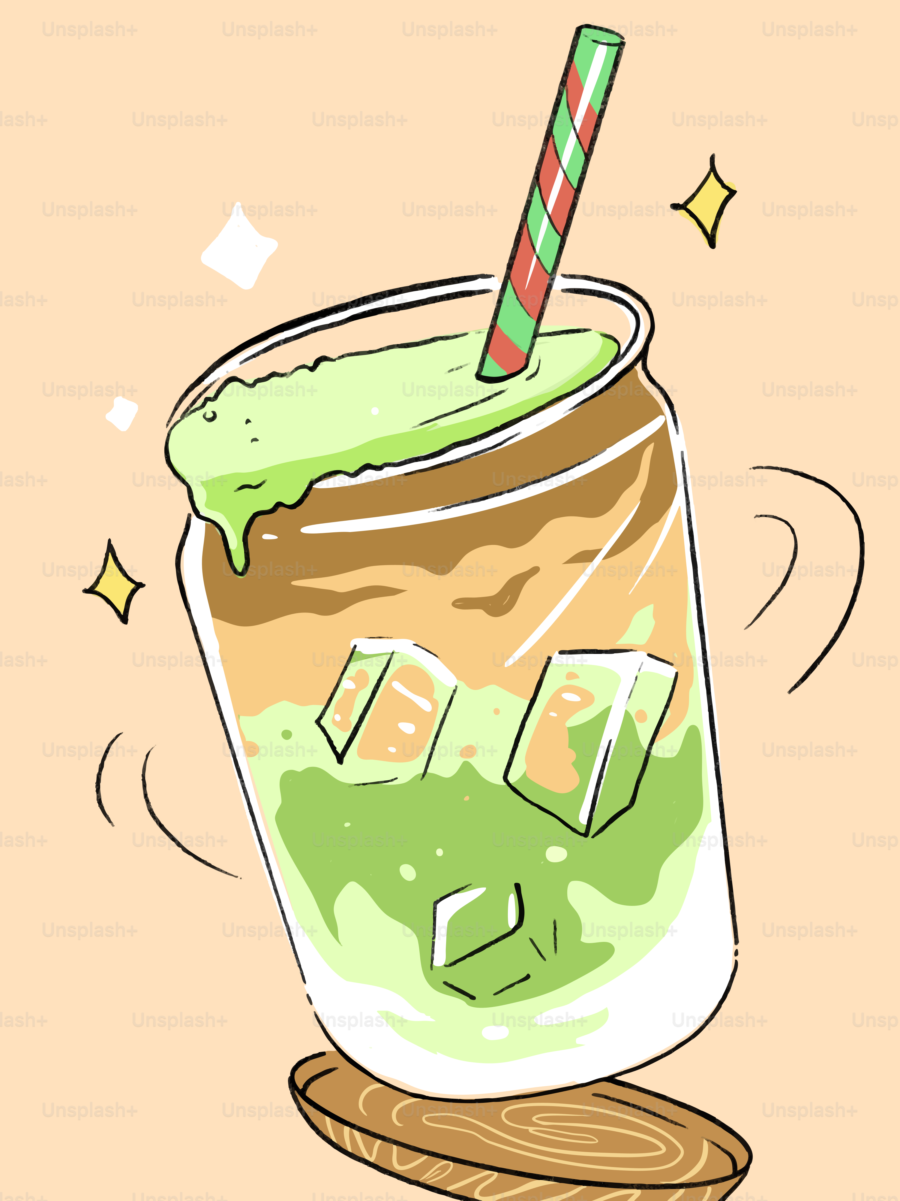 Iced matcha latte with coffee and straw
