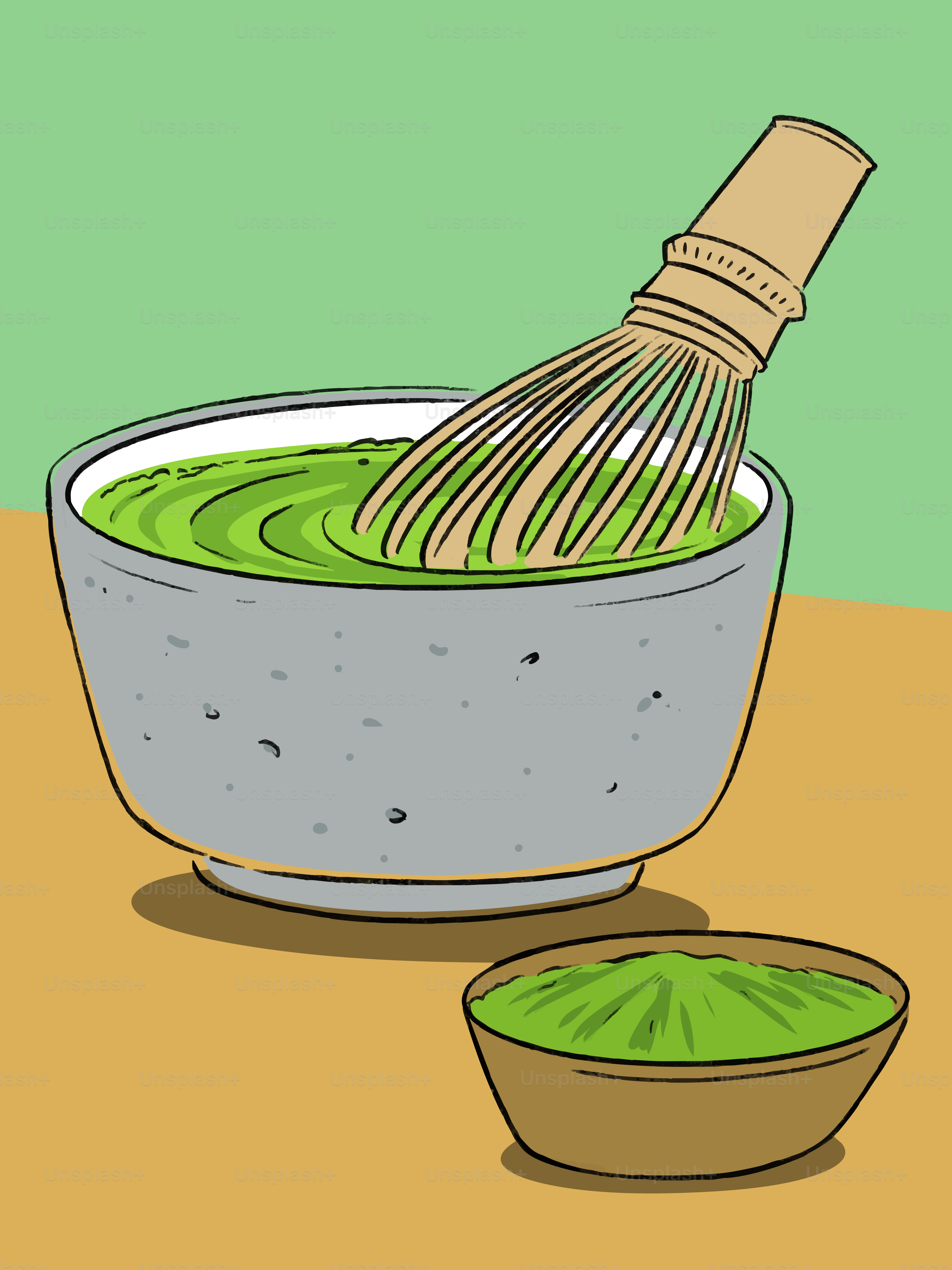 Whisking matcha tea in a bowl with powder