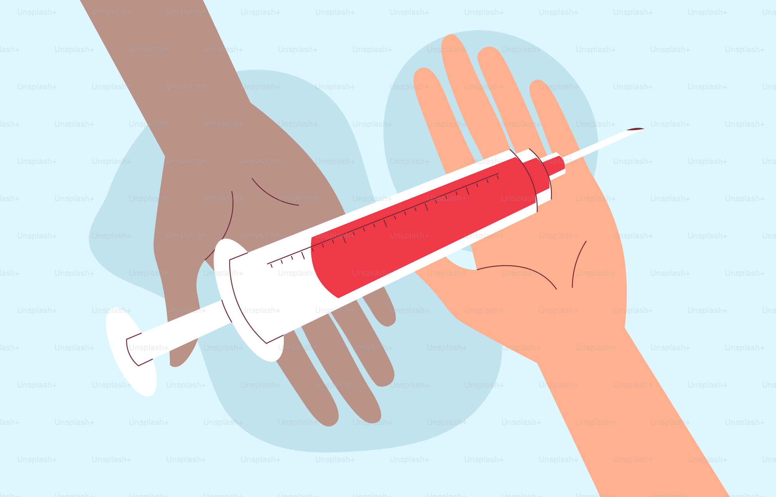 Hand reicht der anderen Hand eine Spritze mit roter Flüssigkeit