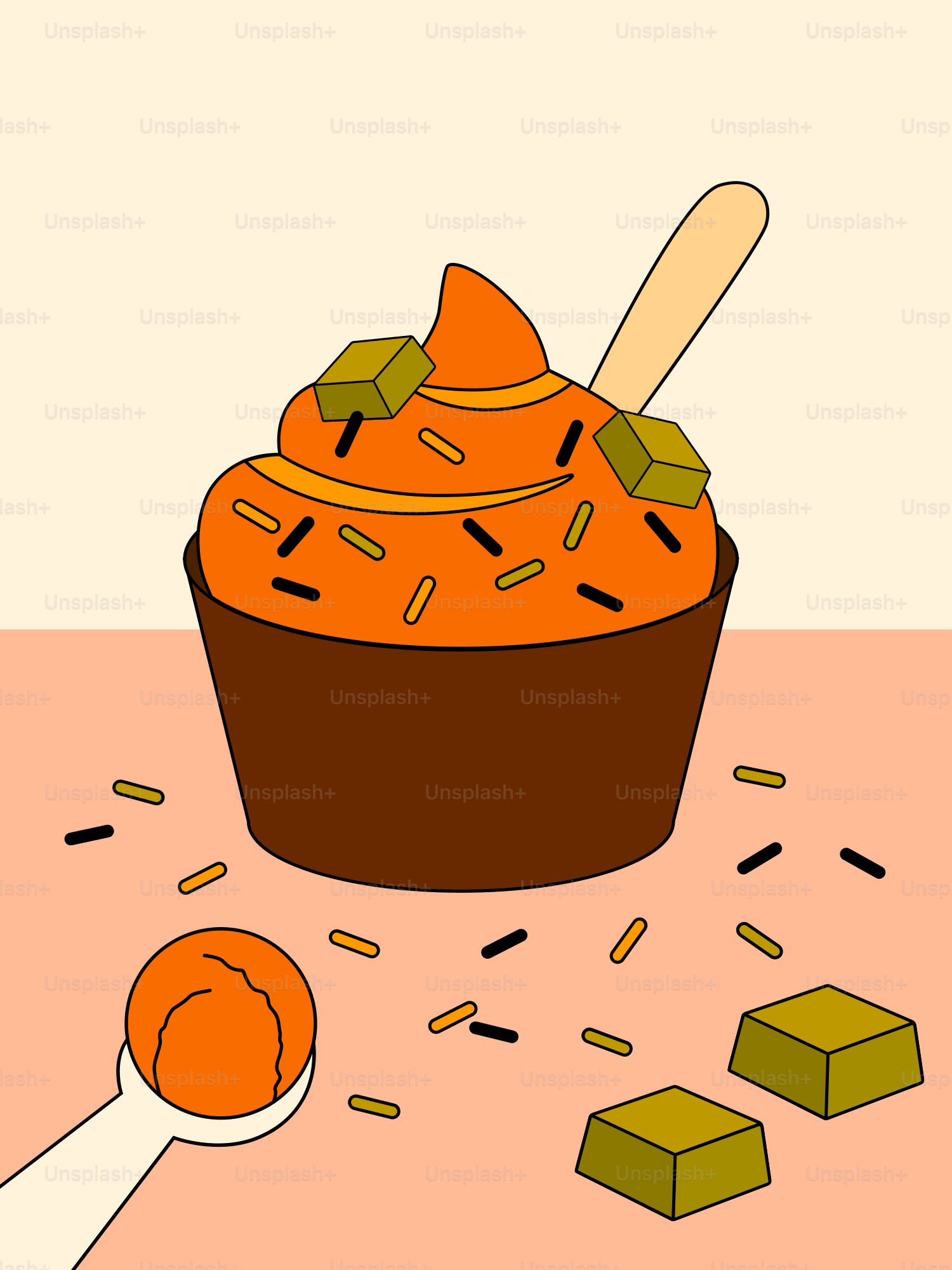 Um cupcake com cobertura de laranja e granulados