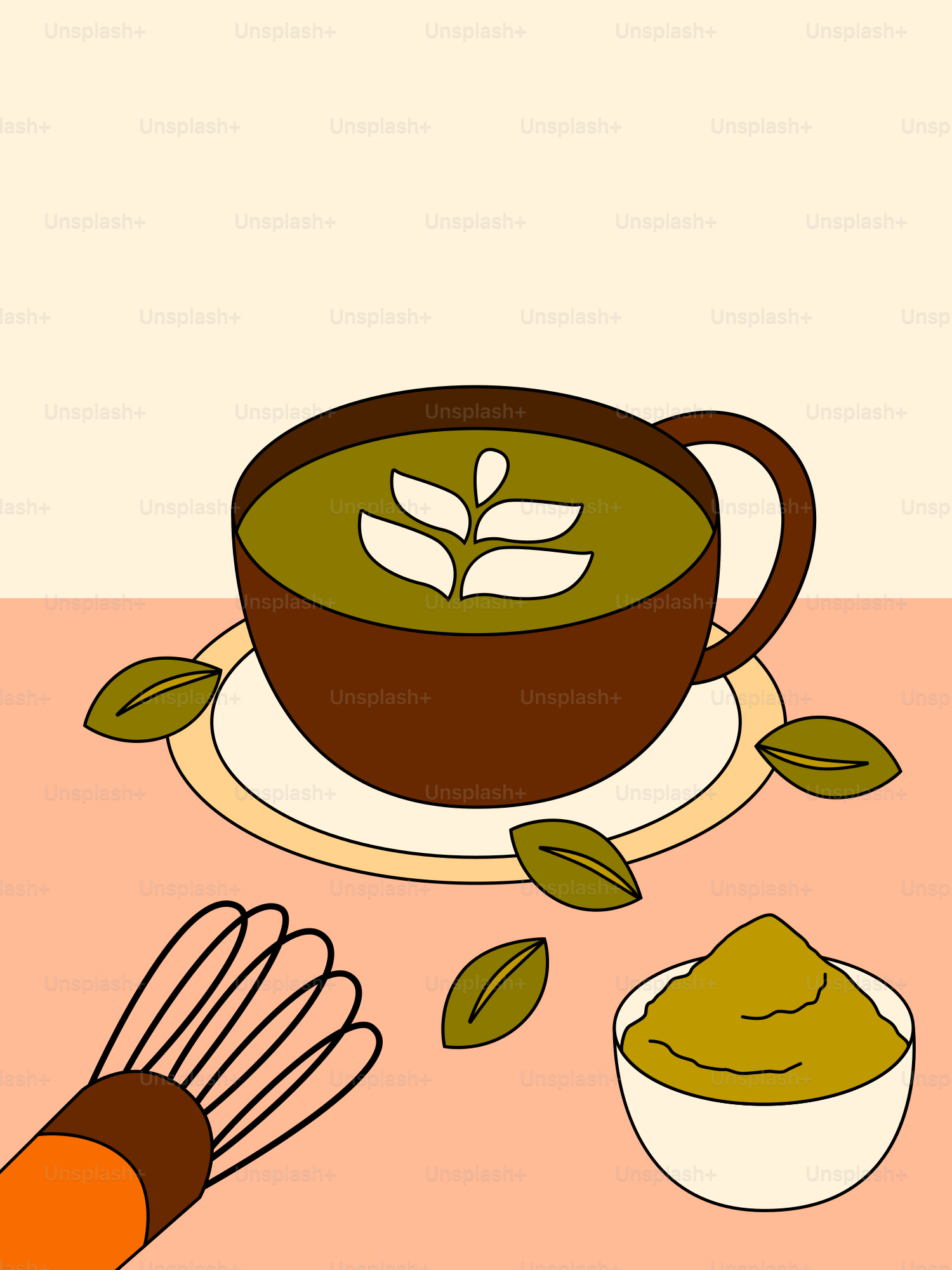 A cup of matcha with latte art and matcha powder.