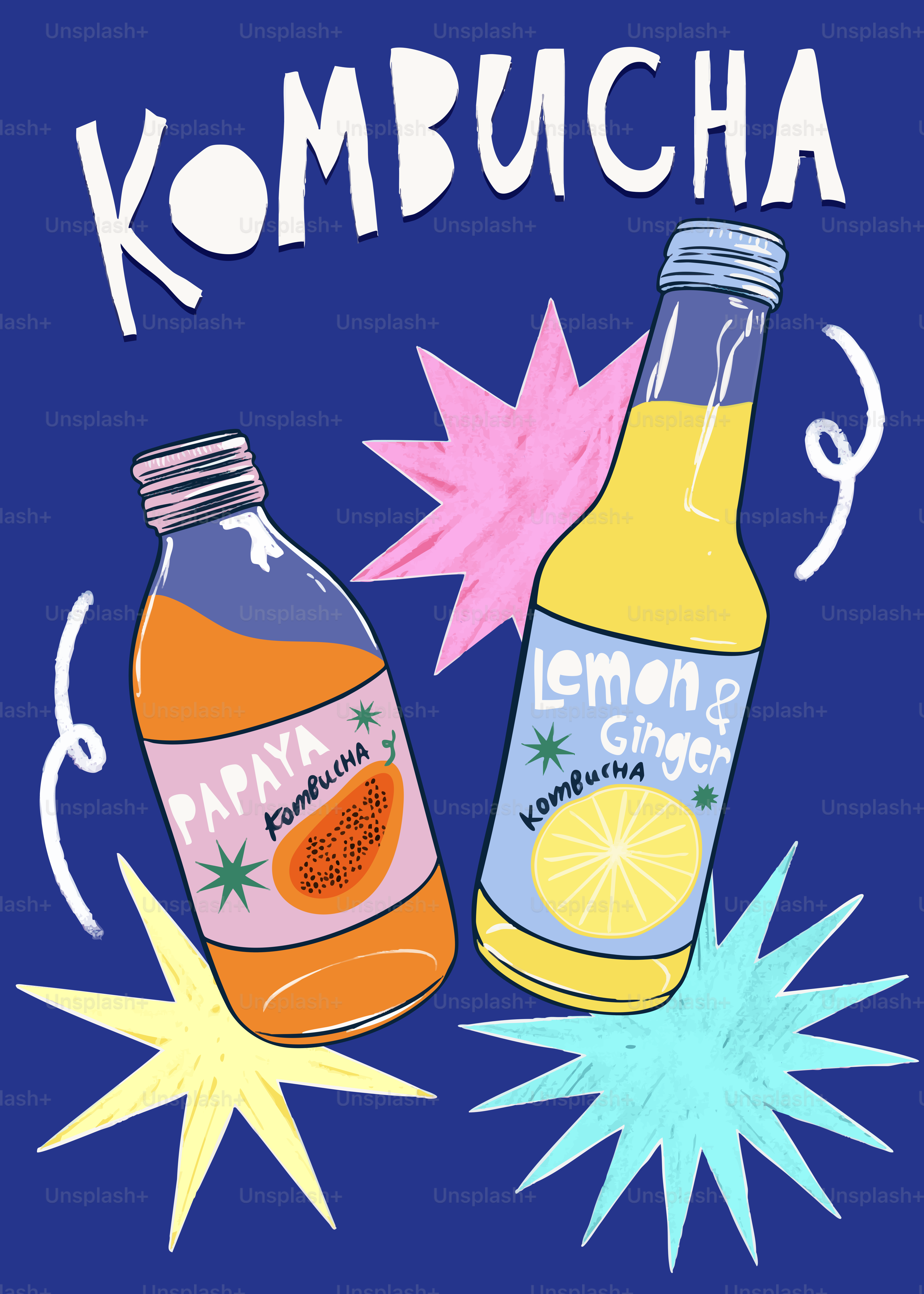 Two bottles of kombucha, papaya and lemon ginger flavors