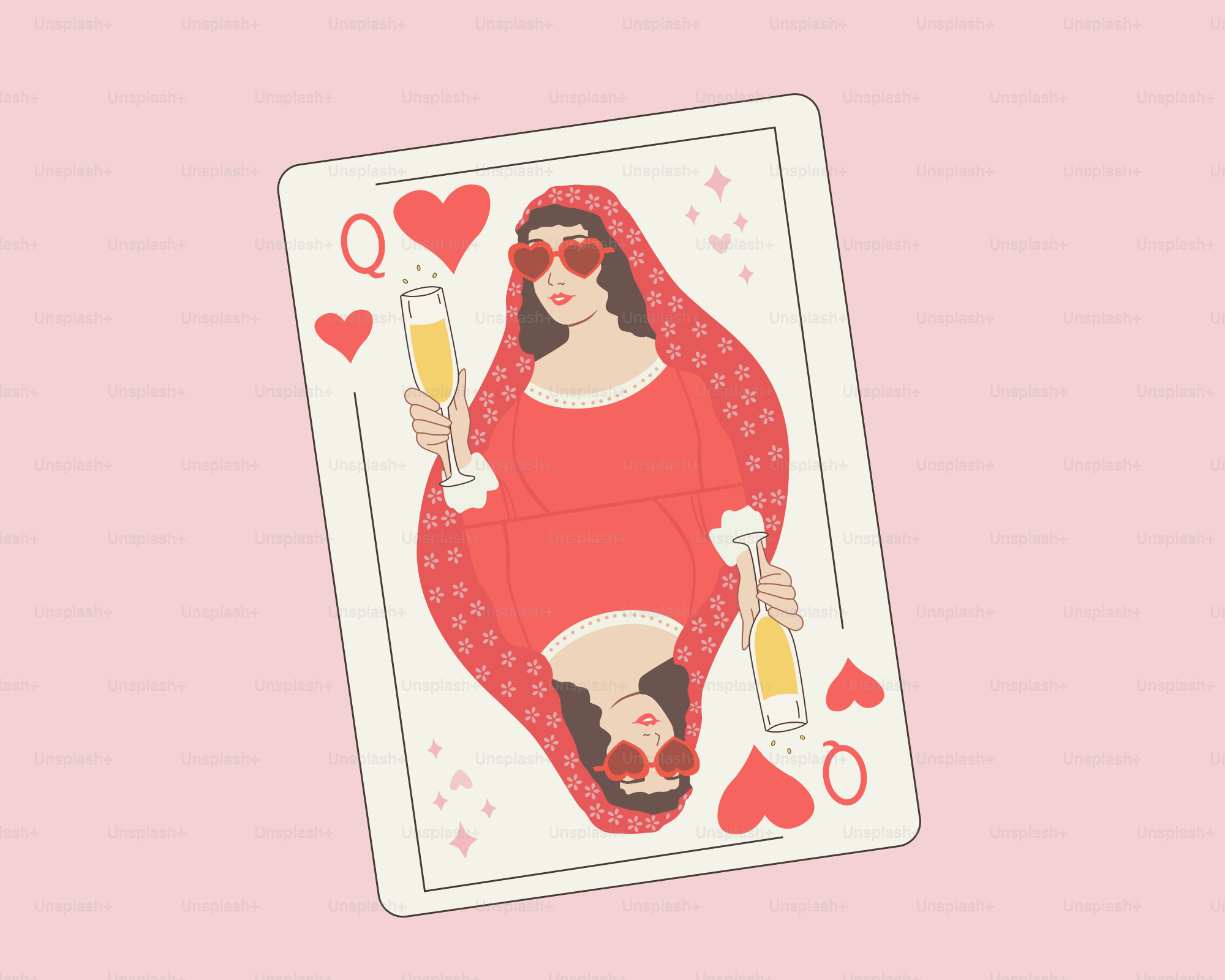 Reina de corazones jugando a las cartas con mujer sosteniendo champán.