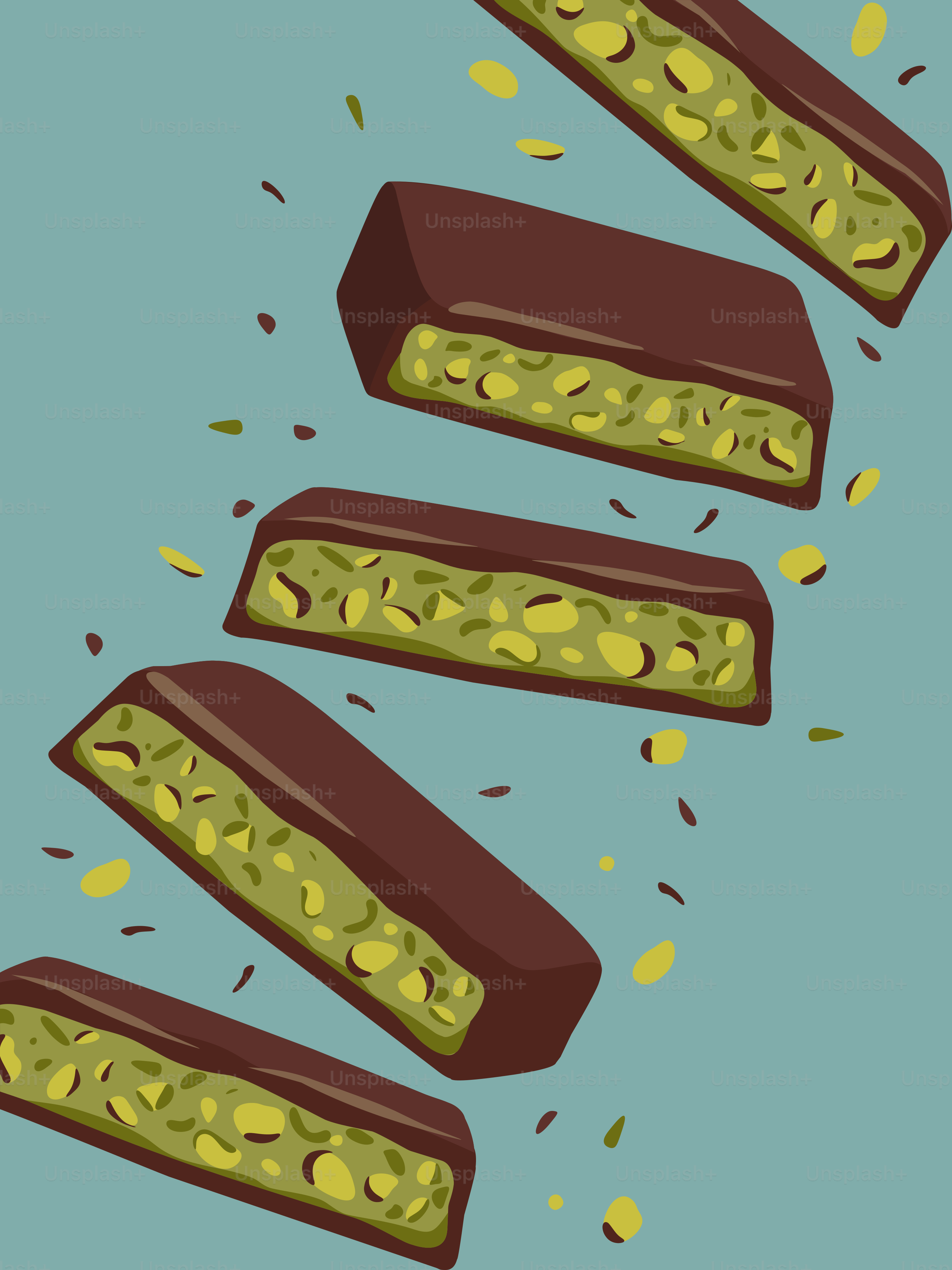 Barras de chocolate com recheio de pistache caindo