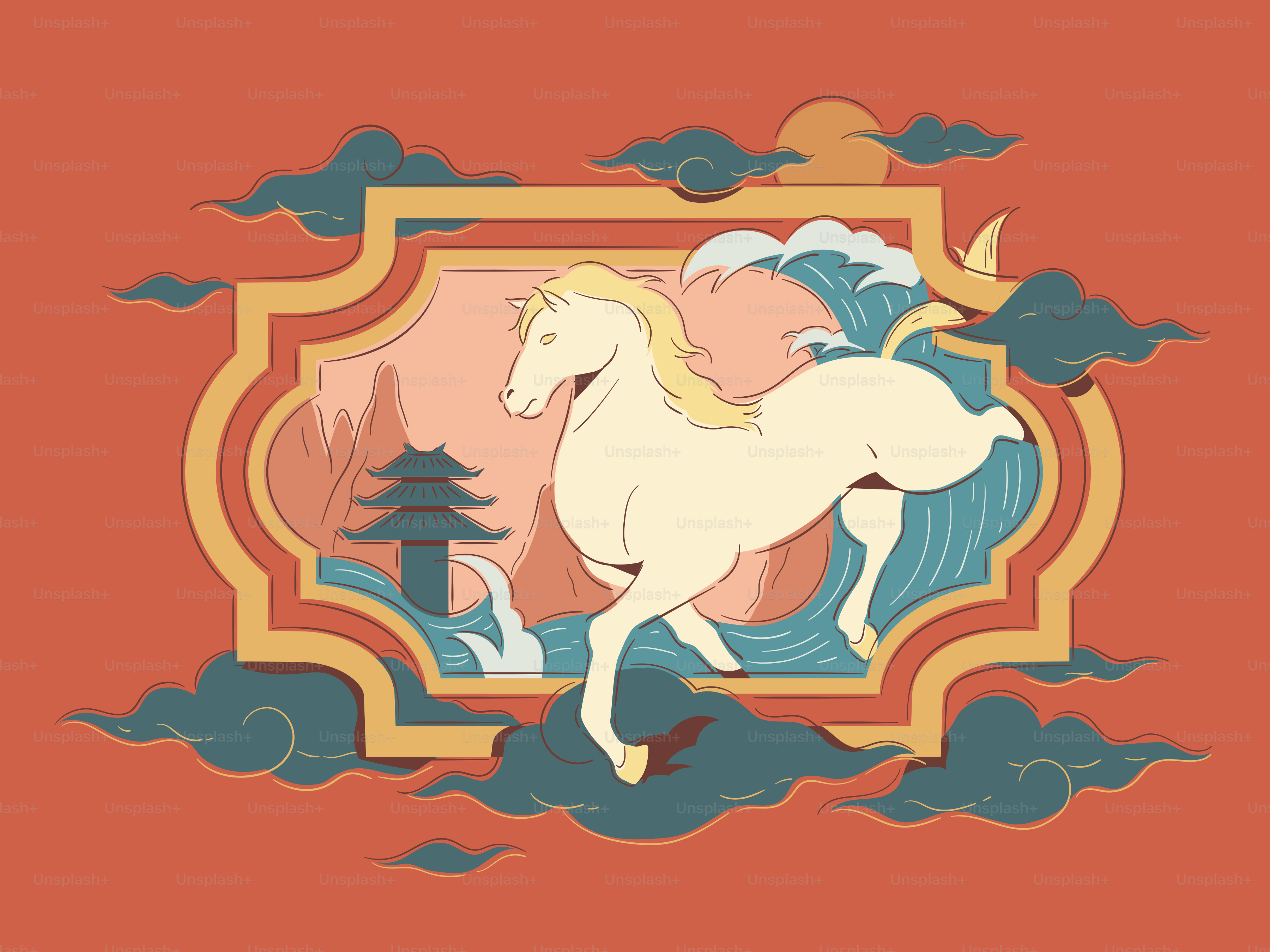 A white horse gallops through stylized waves and clouds.