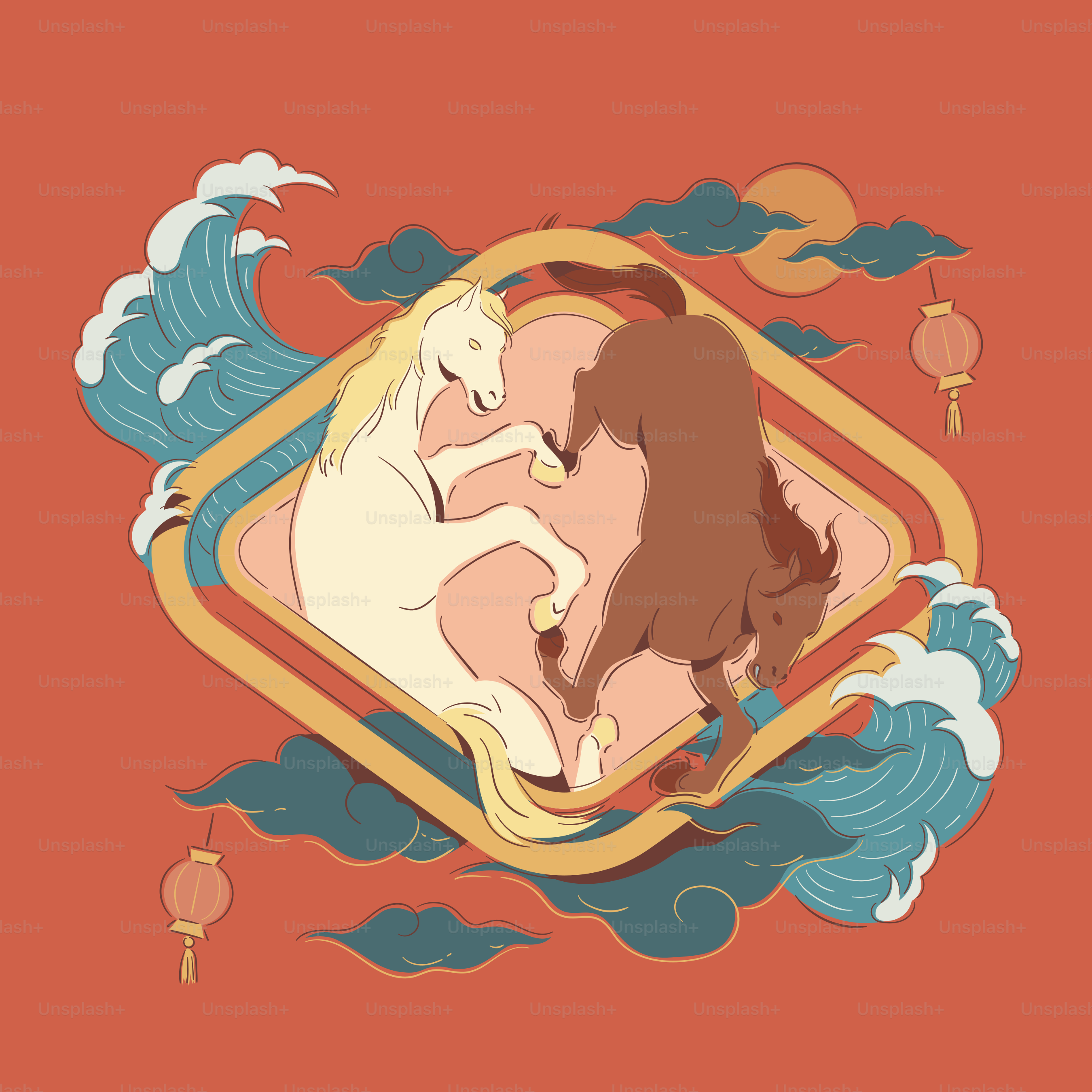Two horses in a yin-yang symbol with waves and lanterns.