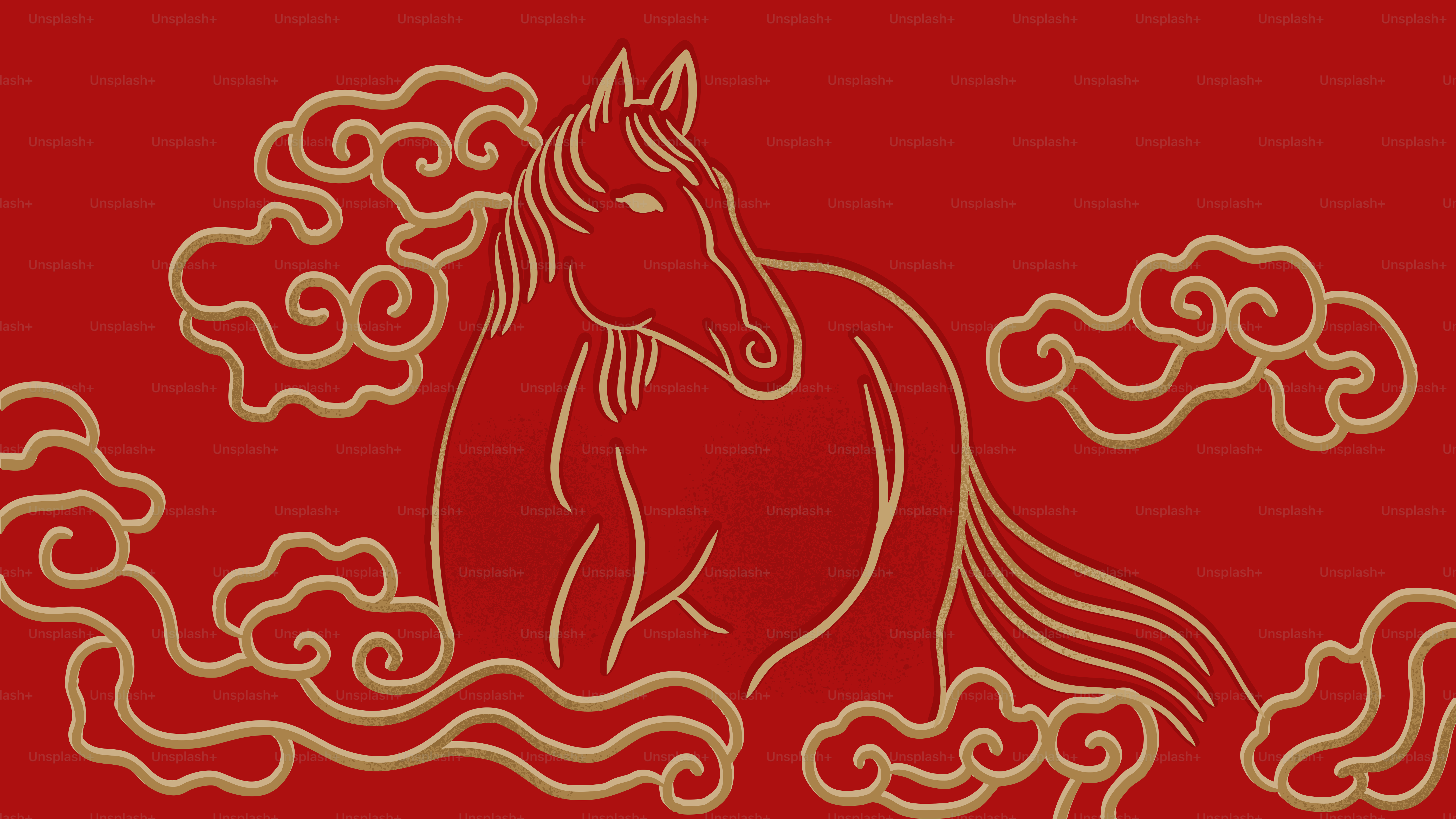 Golden horse with clouds on red background