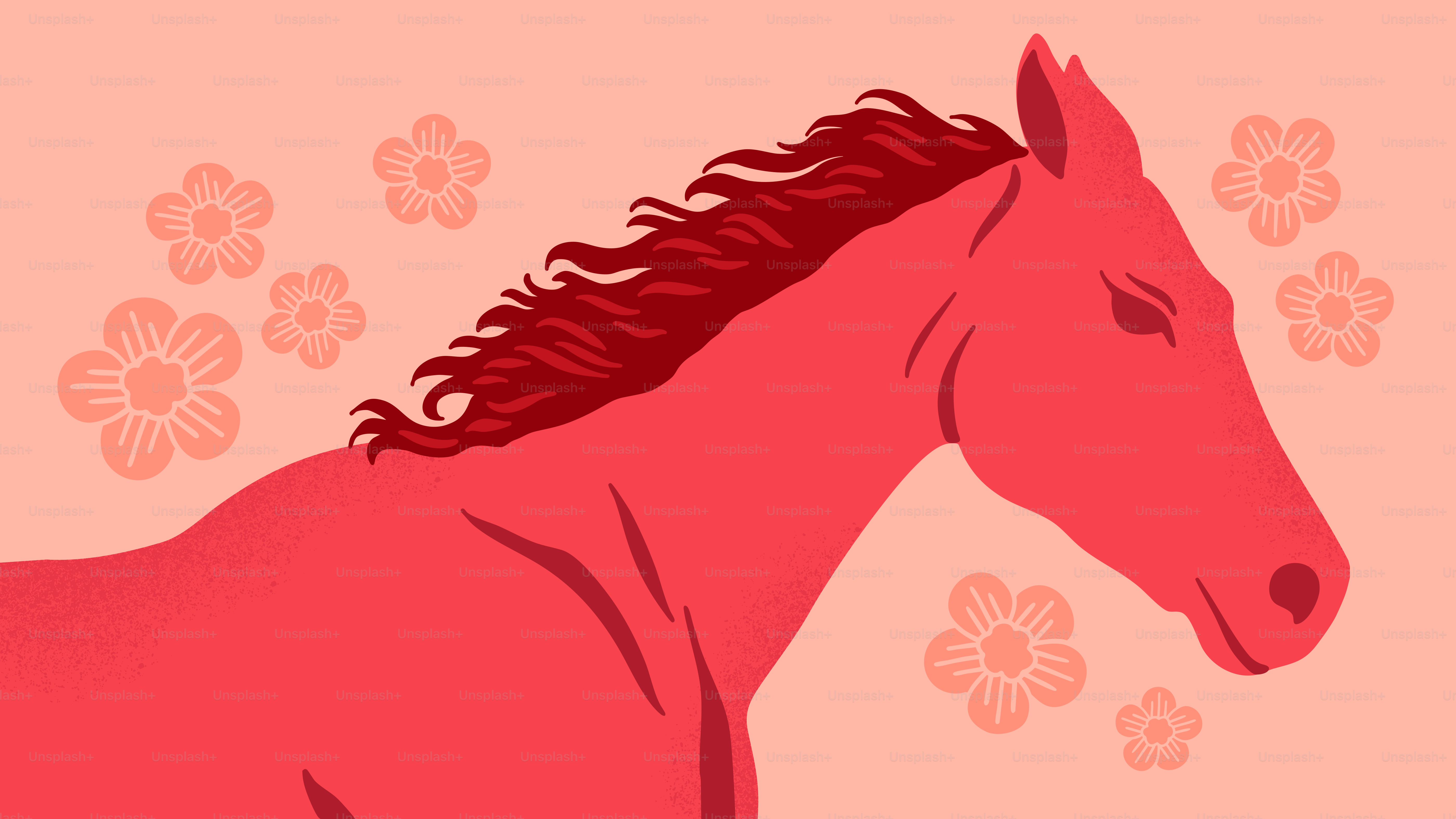 Red horse with flowers on a pink background