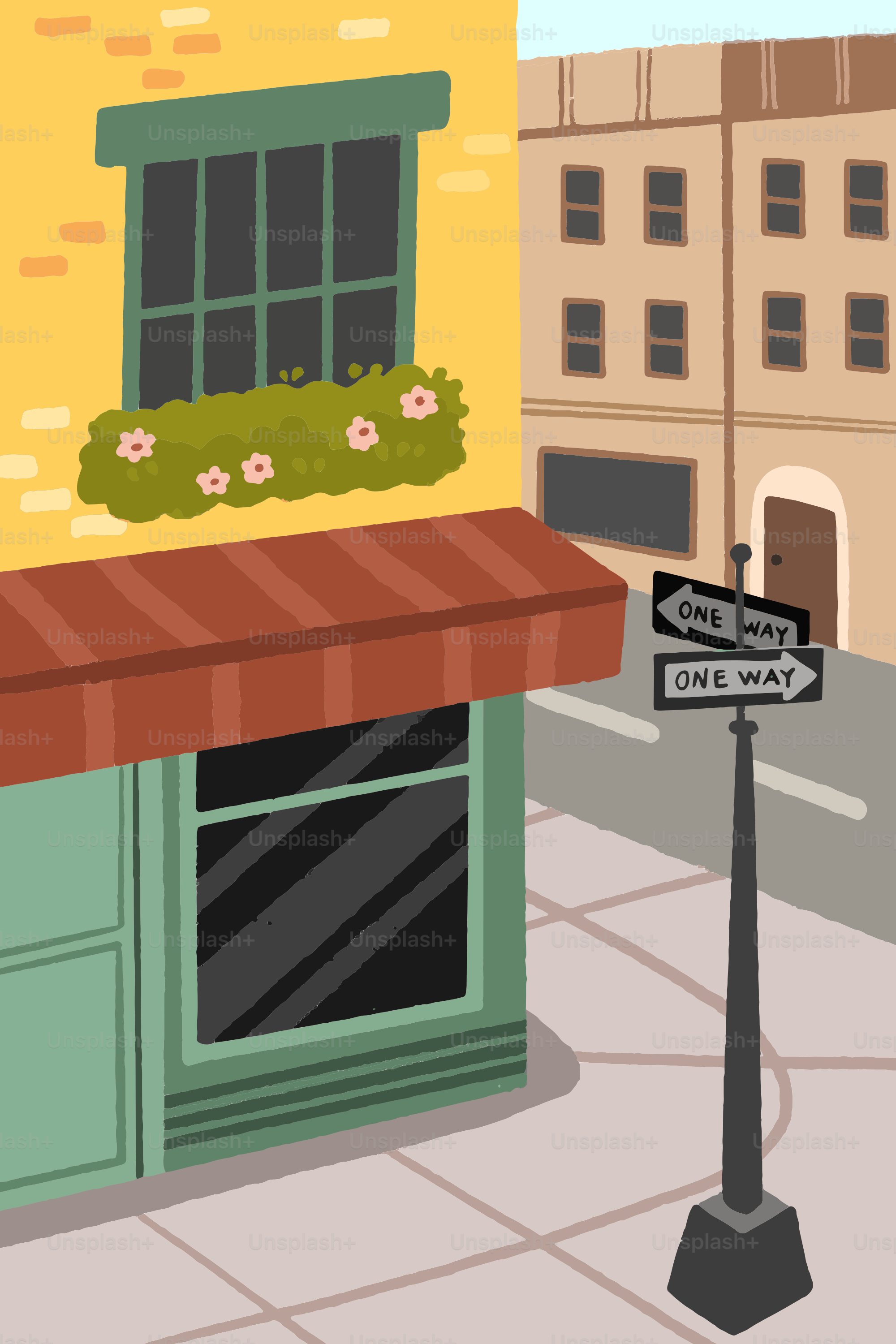 Street corner with buildings and a signpost.