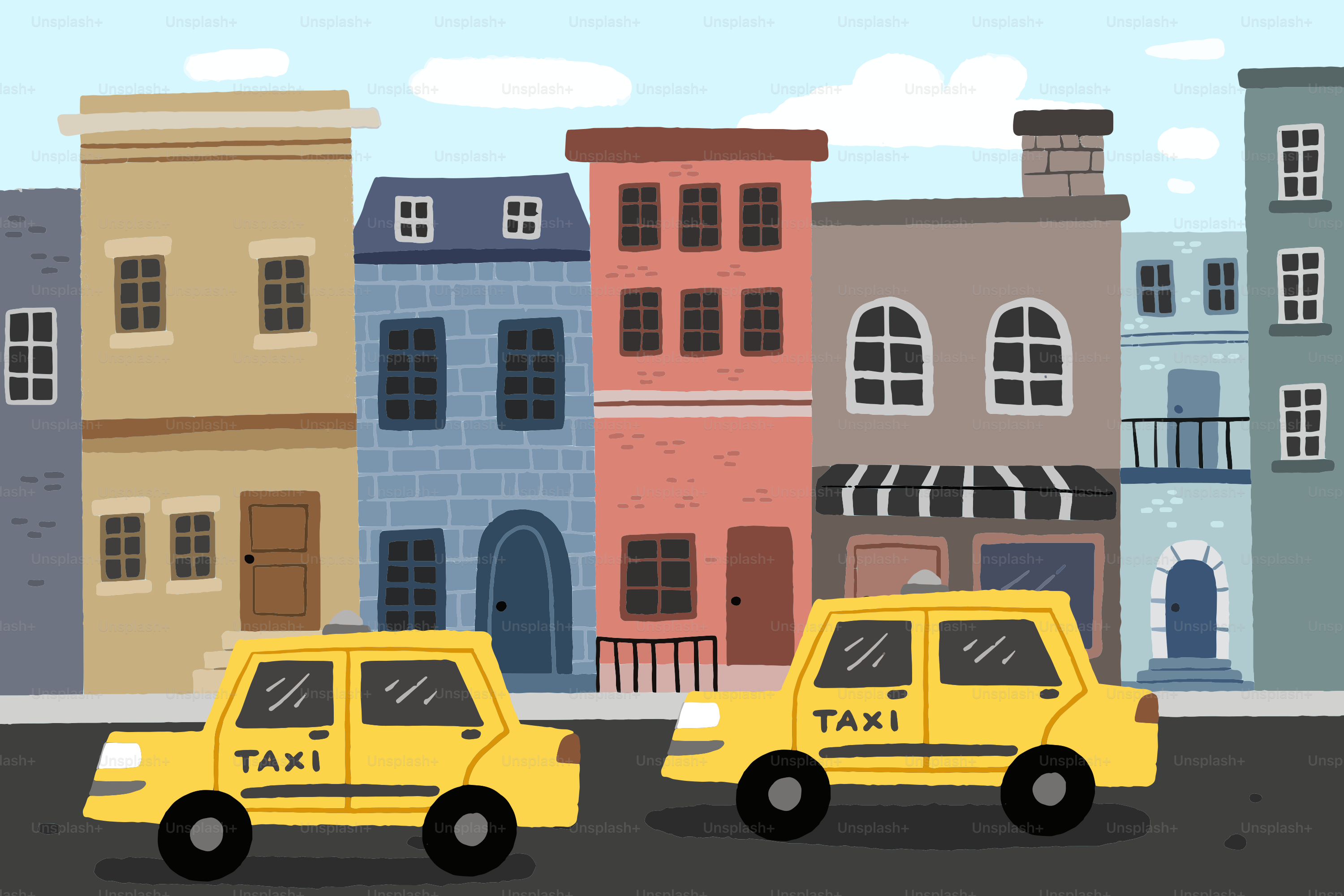 Two yellow taxis on a city street.