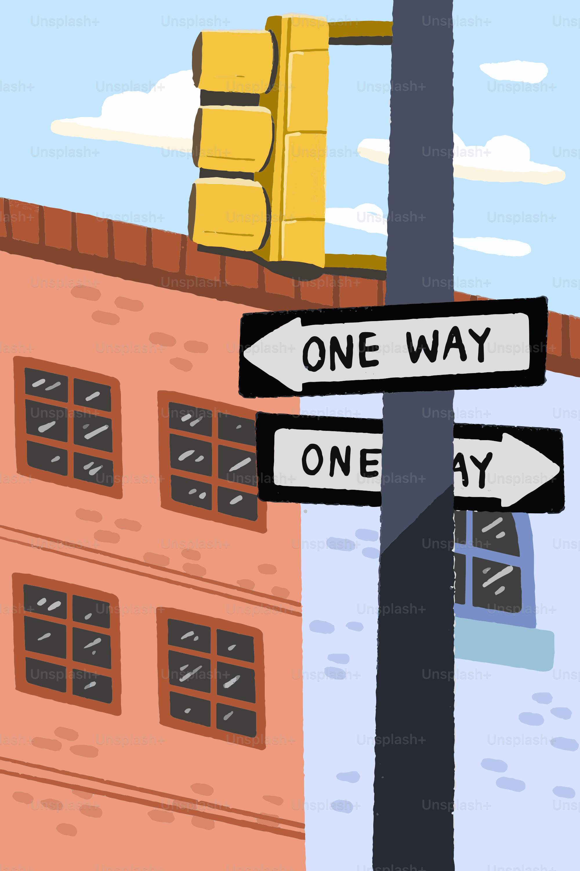 Coin de rue avec feu de circulation et panneaux à sens unique